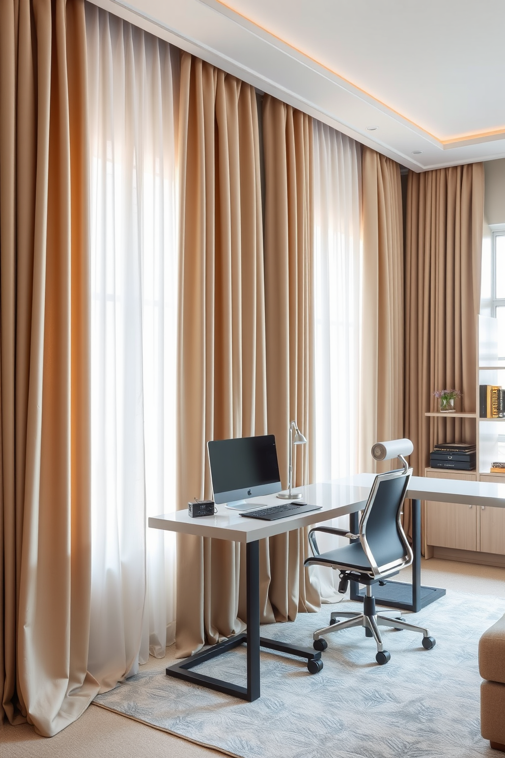 Elegant curtains for a polished look. The curtains are made of luxurious fabric in a soft neutral tone, gracefully pooling on the floor. Large home office design ideas. The space features a sleek, modern desk positioned near a large window, complemented by a comfortable ergonomic chair and stylish shelving.