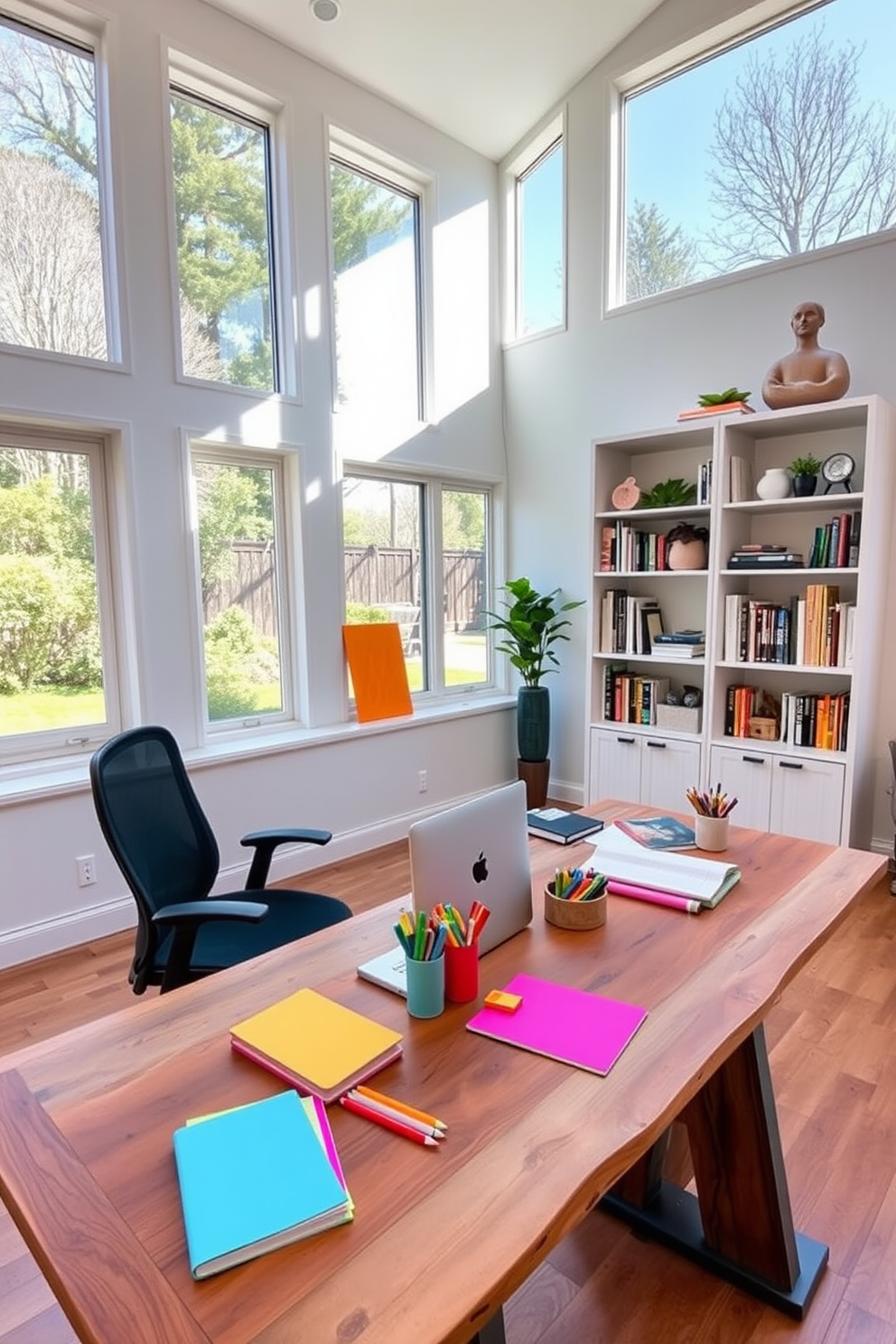 A gallery wall displaying a collection of framed achievements and awards creates a focal point in the room. The wall is adorned with a variety of frame styles and colors, showcasing personal milestones and professional accolades. The home office features a spacious layout with a large wooden desk positioned in front of a window. Shelves filled with books and decorative items flank the desk, while a comfortable ergonomic chair invites productivity and creativity.