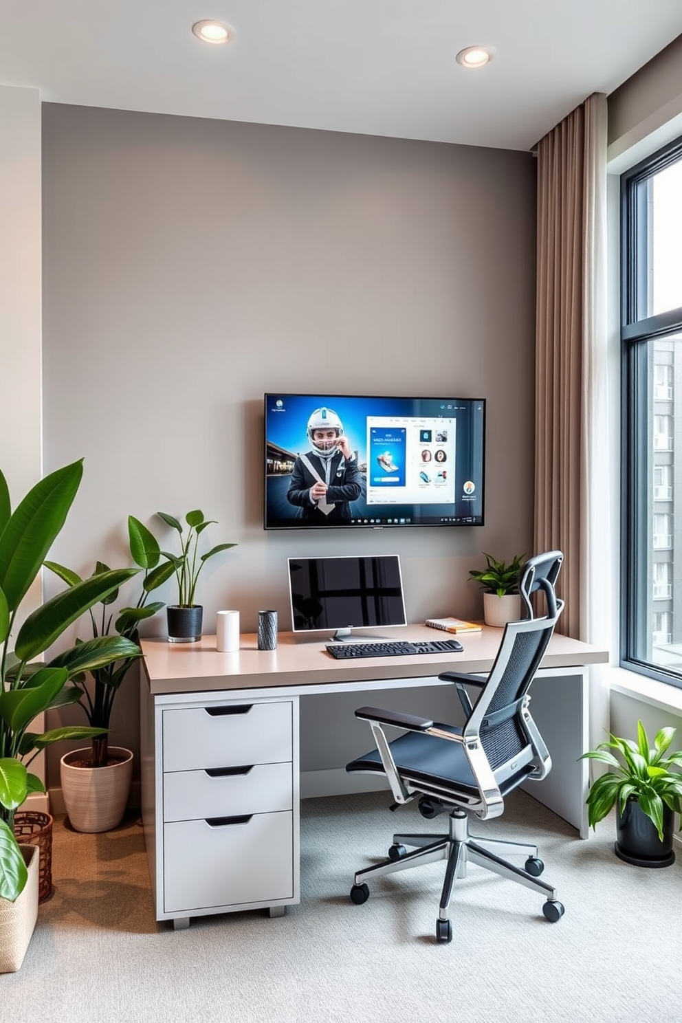 A modern home office featuring a sleek desk with integrated smart technology and an ergonomic chair. Large windows provide ample natural light, and a wall-mounted display screen showcases digital art or productivity tools. Smart lighting systems adjust automatically based on the time of day, creating an inviting atmosphere. The room is accented with greenery from potted plants, enhancing the air quality and aesthetic appeal.