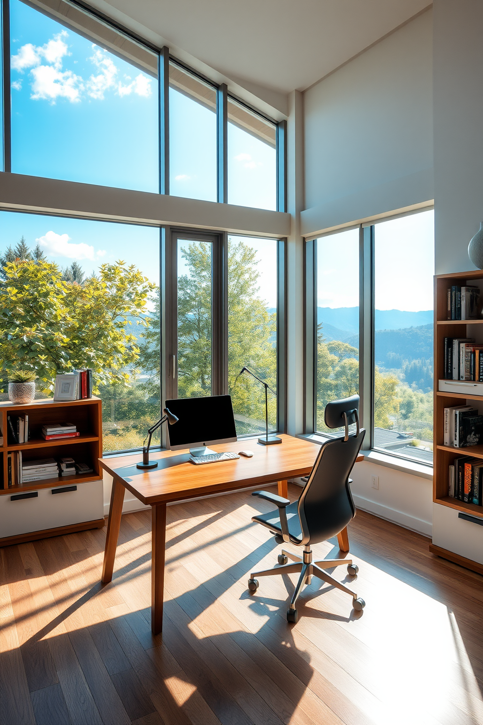 A spacious home office bathed in bright natural light from large windows that offer a stunning view of the outdoors. The room features a sleek wooden desk positioned in front of the windows, complemented by a comfortable ergonomic chair and stylish shelving units filled with books and decorative items.