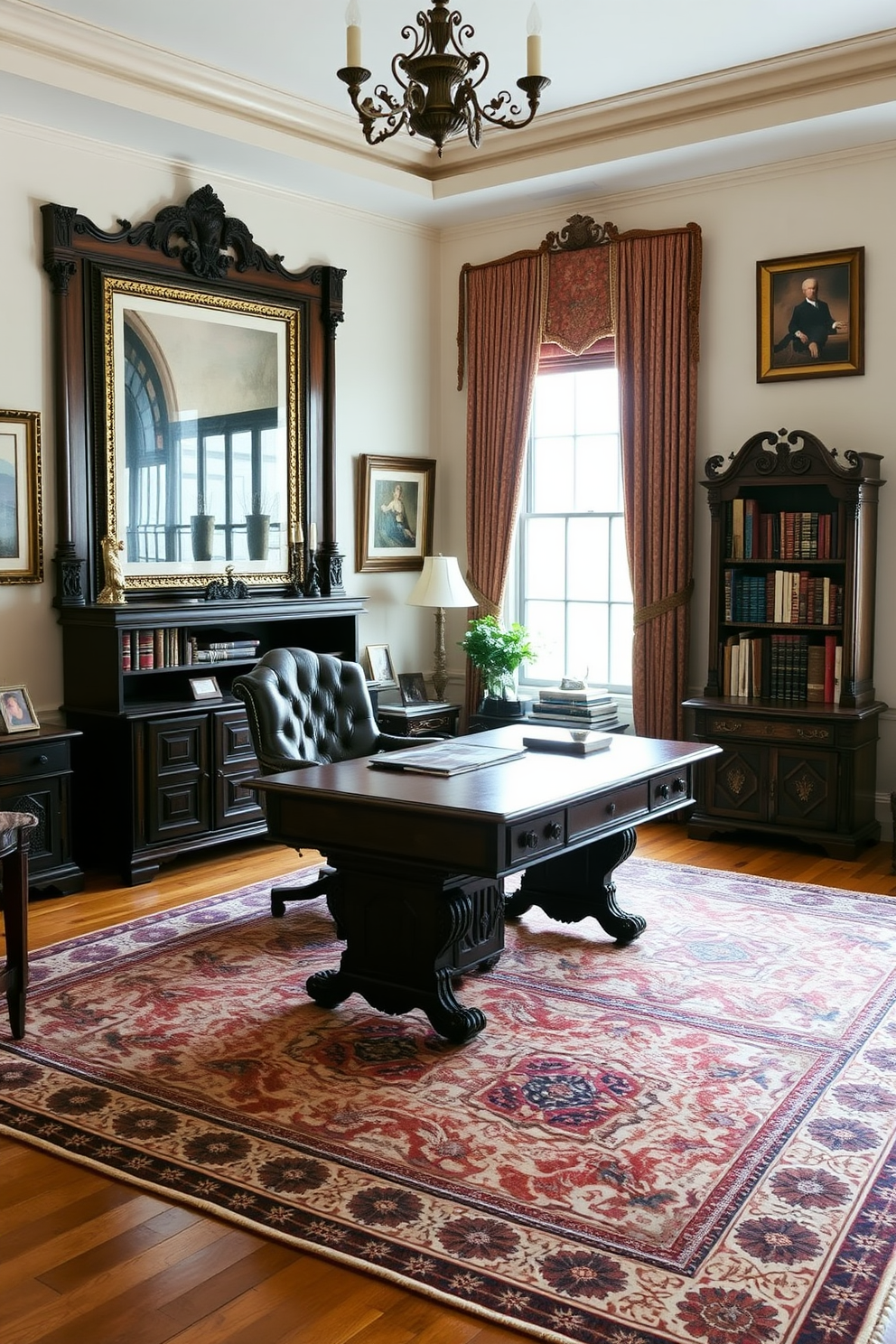 A spacious home office featuring vintage furniture that exudes a classic feel. The centerpiece is a large wooden desk with intricate carvings, complemented by a high-backed leather chair and a vintage globe on the side. Surrounding the desk are bookshelves filled with leather-bound volumes and decorative antiques. The walls are adorned with rich, dark colors and framed artwork, creating an inviting and sophisticated atmosphere.