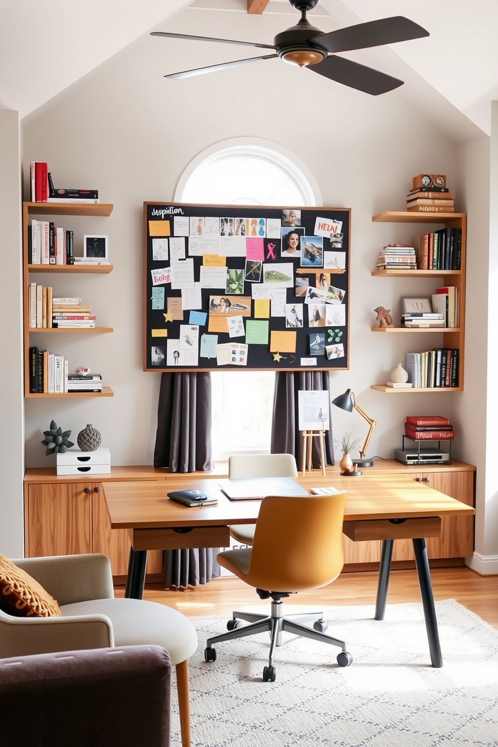 A creative bulletin board filled with colorful notes, sketches, and inspiration images hanging on a wall. The board is surrounded by stylish shelving units displaying books and decorative items, creating an inviting workspace. A spacious home office designed with a large wooden desk positioned in front of a window, allowing natural light to flood the space. Comfortable seating and a contemporary rug add warmth and style to the room, making it a perfect environment for productivity.