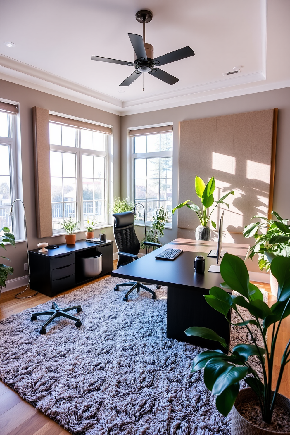 A spacious home office features a corkboard wall for notes and reminders. The room is filled with natural light from large windows and has a sleek wooden desk positioned in front of the corkboard. Comfortable ergonomic chairs are placed around the desk, providing ample seating for collaboration. Shelves lined with books and decorative items add personality and organization to the space.