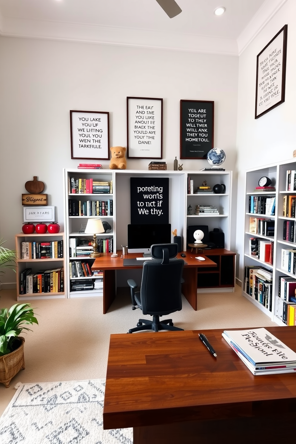 A spacious home office features a large wooden desk with a sleek ergonomic chair positioned in front of it. Stylish pendant lights hang from the ceiling, casting a warm glow over the workspace and enhancing the modern aesthetic. The walls are adorned with built-in shelves filled with books and decorative items, creating an inviting atmosphere. A large window allows natural light to flood the room, complemented by a soft area rug underfoot that adds comfort and style.