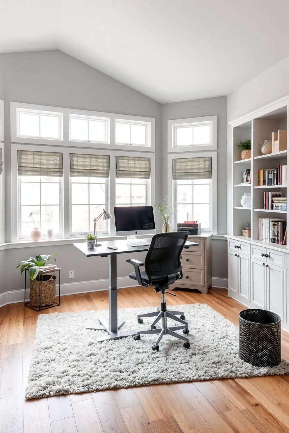 A spacious home office featuring an adjustable standing desk that allows for flexibility in work posture. The room is filled with natural light from large windows, and the walls are painted in a calming light gray tone. A comfortable ergonomic chair accompanies the desk, positioned to provide an inviting workspace. Shelves lined with books and decorative items add personality to the room, while a plush area rug anchors the seating area.