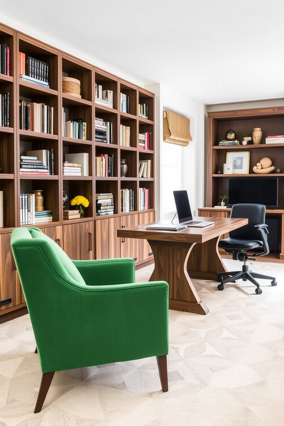 A comfortable sofa with plush cushions and a soft throw blanket is positioned in a cozy corner of the room. Large windows allow natural light to flood in, enhancing the inviting atmosphere. The home office features a spacious desk made of reclaimed wood, paired with an ergonomic chair for optimal comfort. Shelves filled with books and decorative items line the walls, creating an inspiring and productive workspace.