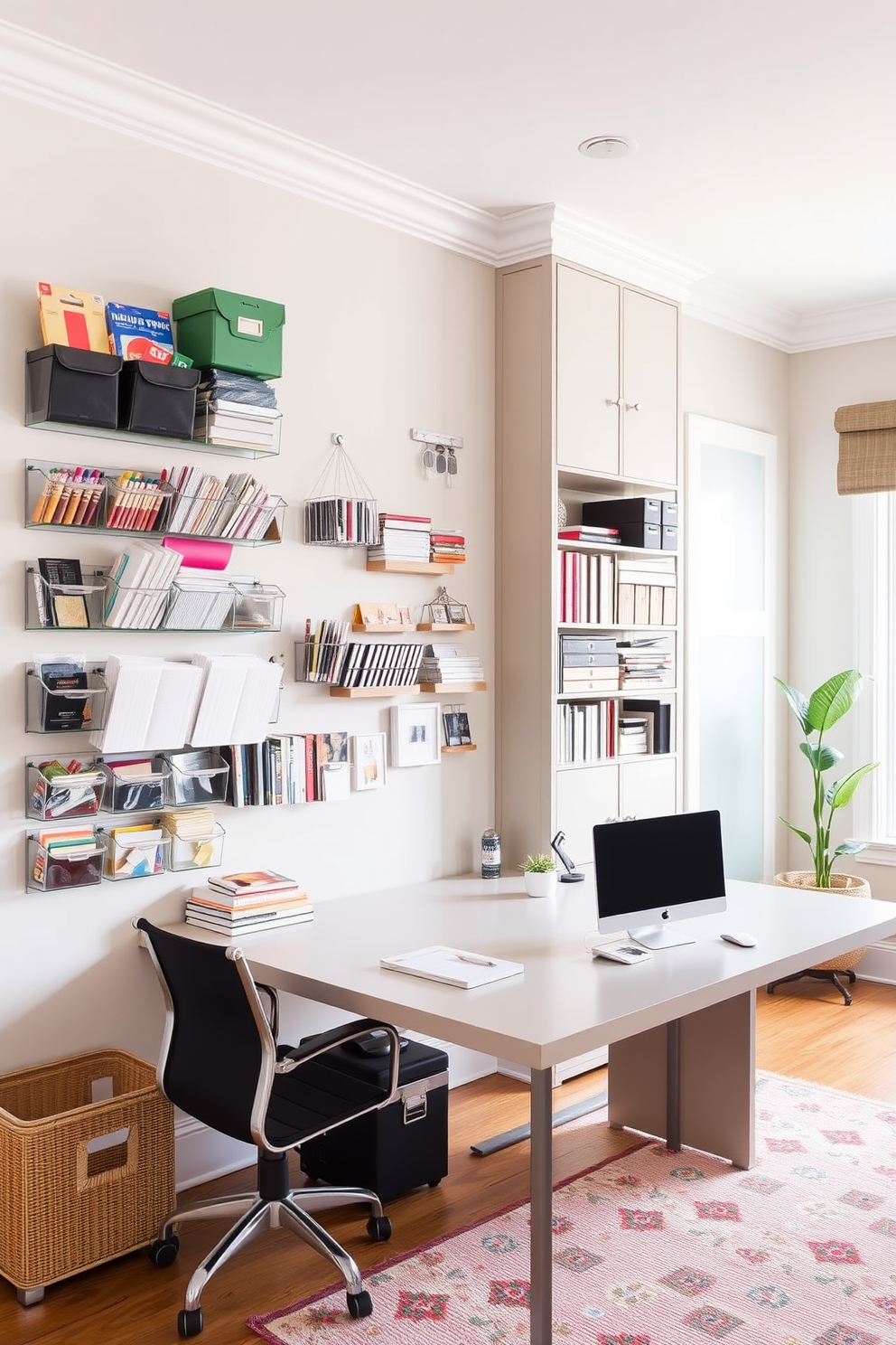 A spacious home office features wall-mounted organizers that provide easy access to supplies and documents. The design includes a large desk positioned near a window, allowing natural light to illuminate the workspace.