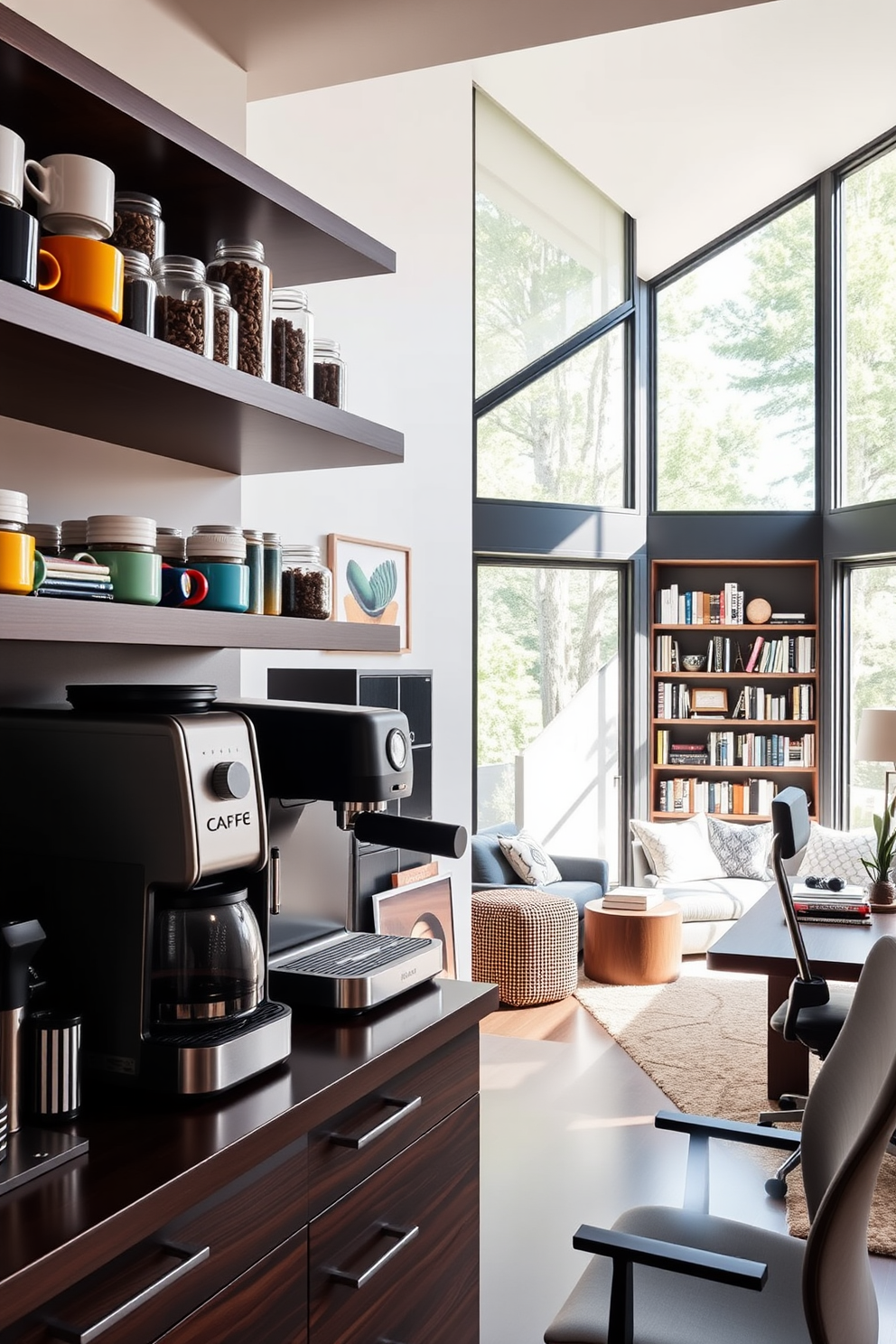 A stylish coffee station features a sleek espresso machine on a dark wood countertop. Above, open shelves display an array of colorful mugs and artisanal coffee beans in glass jars. The large home office design incorporates a spacious desk with a comfortable ergonomic chair. Natural light floods the room through expansive windows, highlighting a cozy reading nook with plush seating and a bookshelf filled with design books.