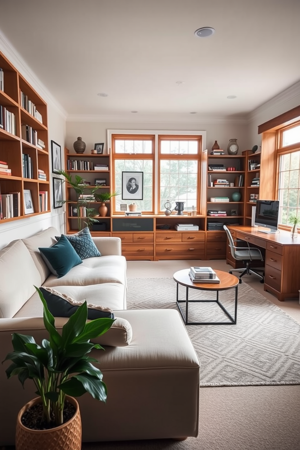 A spacious home office features a comfortable couch area that invites relaxation and creativity. The couch is upholstered in a soft, neutral fabric and is paired with a stylish coffee table, creating a perfect nook for breaks or casual meetings. The office is designed with a large wooden desk positioned near a window, allowing natural light to flood the space. Shelves filled with books and decorative items line the walls, adding personality and warmth to the environment.