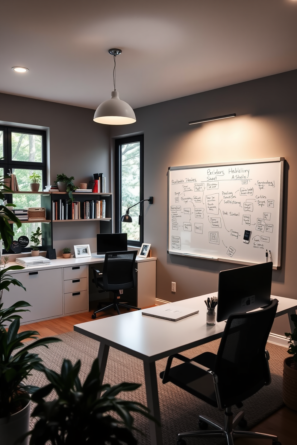 A spacious home office designed for productivity features a large whiteboard mounted on the wall for brainstorming sessions. The room is filled with natural light from large windows and includes a comfortable desk with an ergonomic chair. The decor is modern and minimalistic, with a neutral color palette accented by greenery. Shelves filled with books and personal items add character to the space while maintaining an organized look.