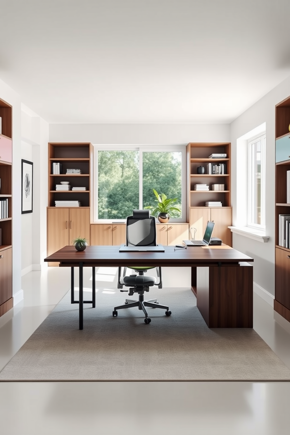 A spacious home office featuring a large wooden desk with a sleek finish positioned in front of a large window that allows natural light to flood the room. The walls are painted in a soft white hue, and minimalist shelving units line one side, displaying a few carefully curated books and decorative items. A comfortable ergonomic chair sits at the desk, complemented by a small indoor plant that adds a touch of greenery. The floor is covered with a light-colored area rug, enhancing the overall sense of calm and focus in the space.