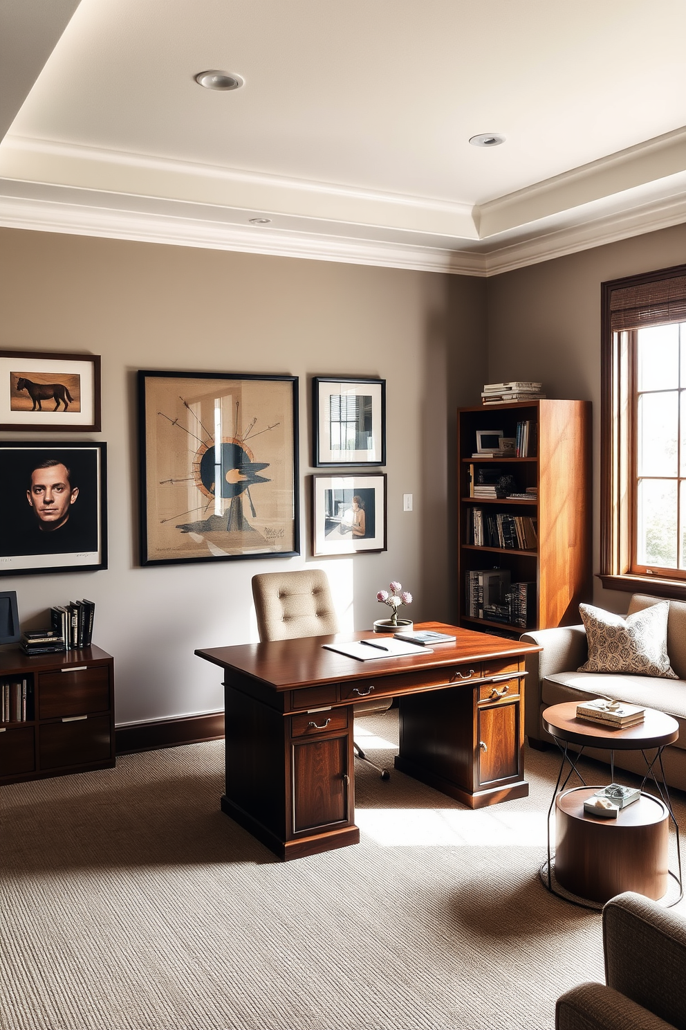 A spacious home office featuring a large wooden desk positioned near a window with natural light streaming in. The walls are adorned with framed artwork that reflects personal interests, and a comfortable chair complements the desk. In one corner, a stylish bookshelf filled with books and decorative items adds character to the space. A cozy seating area with a small coffee table invites relaxation and creativity in this inspiring work environment.