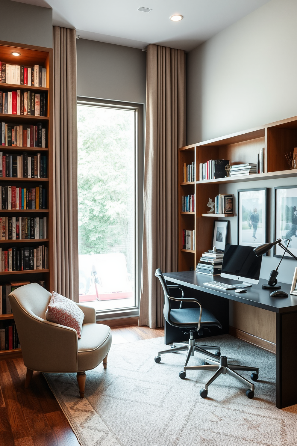 A spacious home office filled with natural light. There are large windows with sheer white curtains, and a sleek wooden desk positioned to face the view. Lush indoor plants are strategically placed around the room to create a refreshing atmosphere. A tall fiddle leaf fig stands in one corner, while smaller potted plants adorn the shelves and desk.