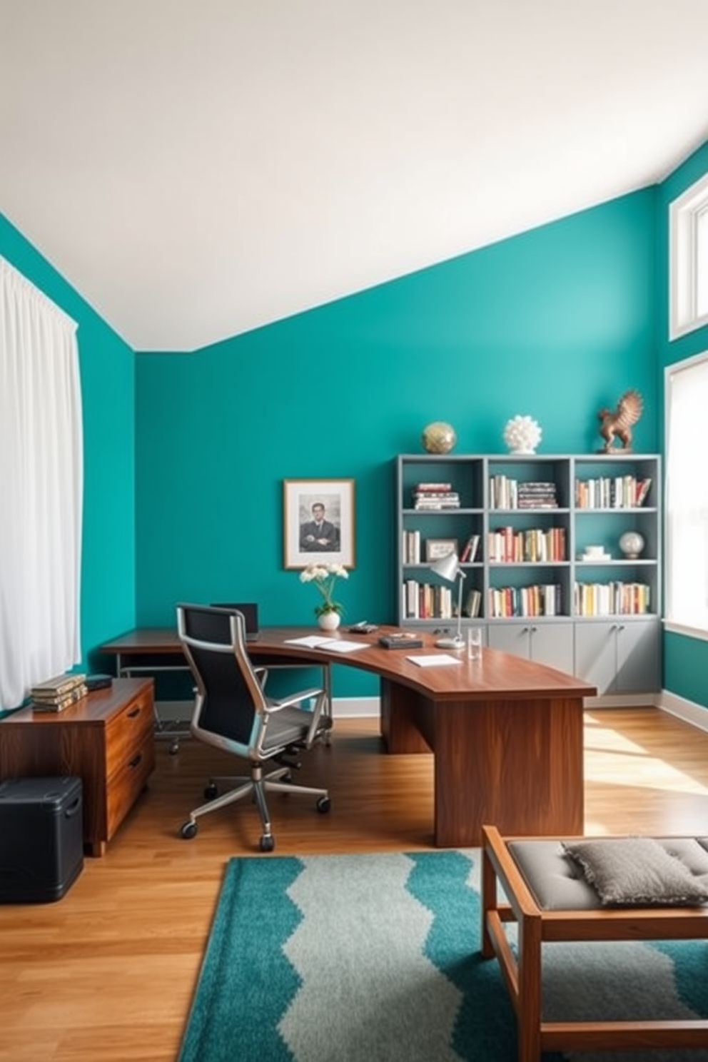 A large home office features a bold accent wall painted in a deep navy blue. The space is filled with modern furniture including a sleek wooden desk and a comfortable ergonomic chair.