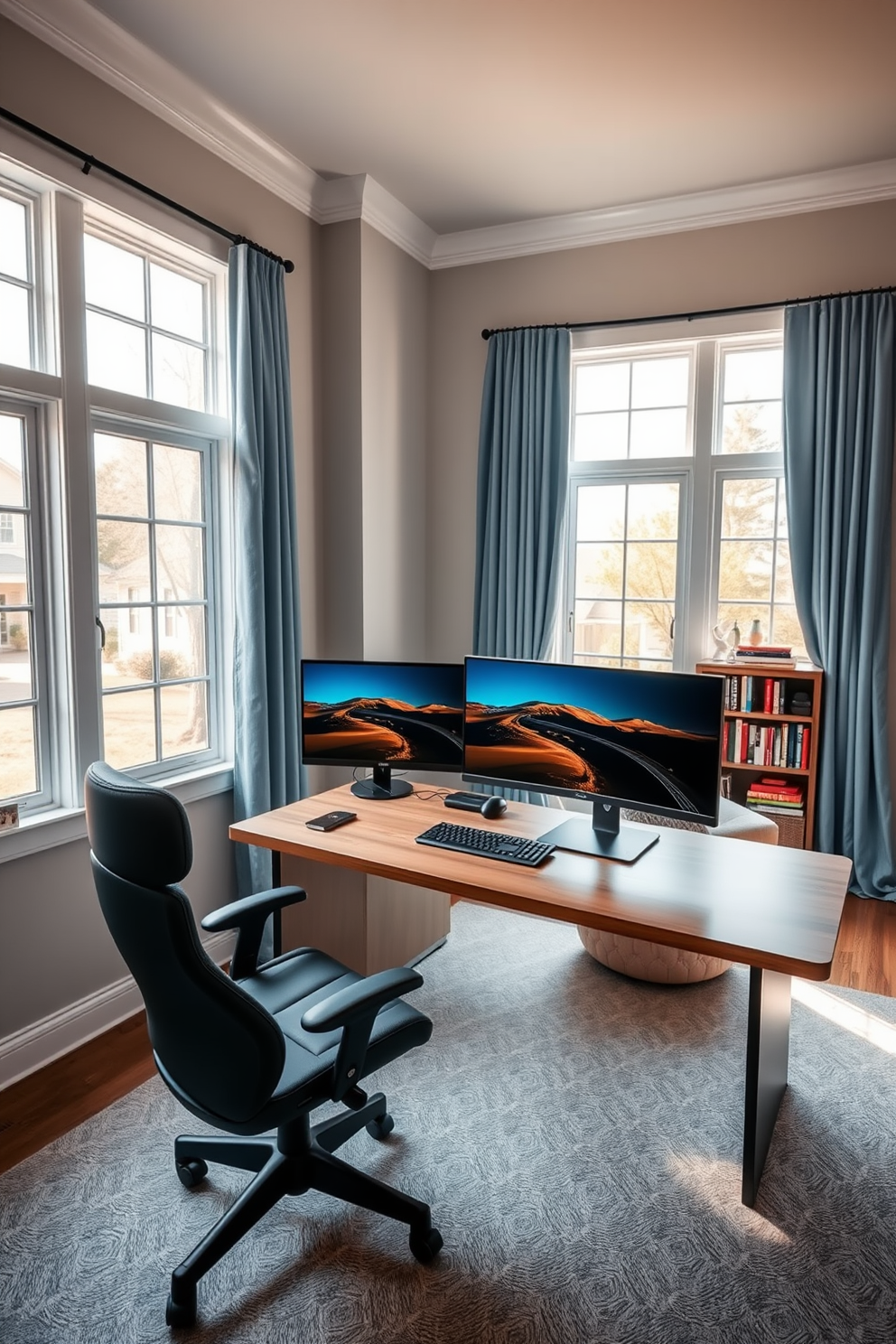 A spacious home office featuring dual monitors positioned on a sleek wooden desk. The walls are painted in a calming light gray, and a comfortable ergonomic chair is placed in front of the desk. To the side, there is a cozy reading nook with a plush armchair and a small bookshelf filled with books. Large windows allow natural light to fill the room, complemented by stylish curtains in a soft blue fabric.