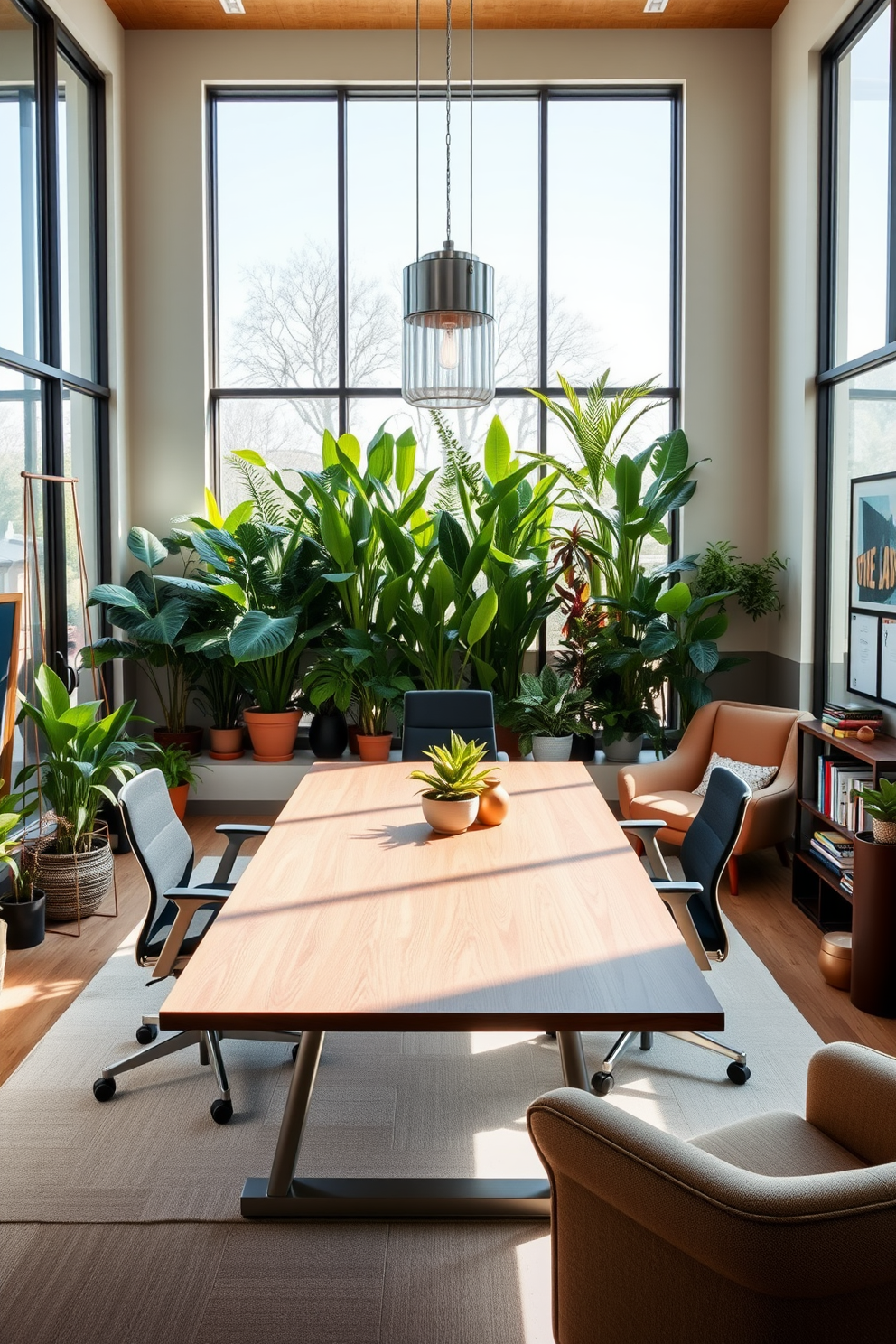 A large home office designed with ample natural light streaming through oversized windows. The space features a sleek wooden desk positioned in front of a lush indoor garden filled with various greenery and potted plants. Comfortable ergonomic chairs are arranged around a modern conference table, complemented by a statement light fixture above. The walls are adorned with inspiring artwork, and a cozy reading nook is created with a plush armchair and a small bookshelf filled with design books.