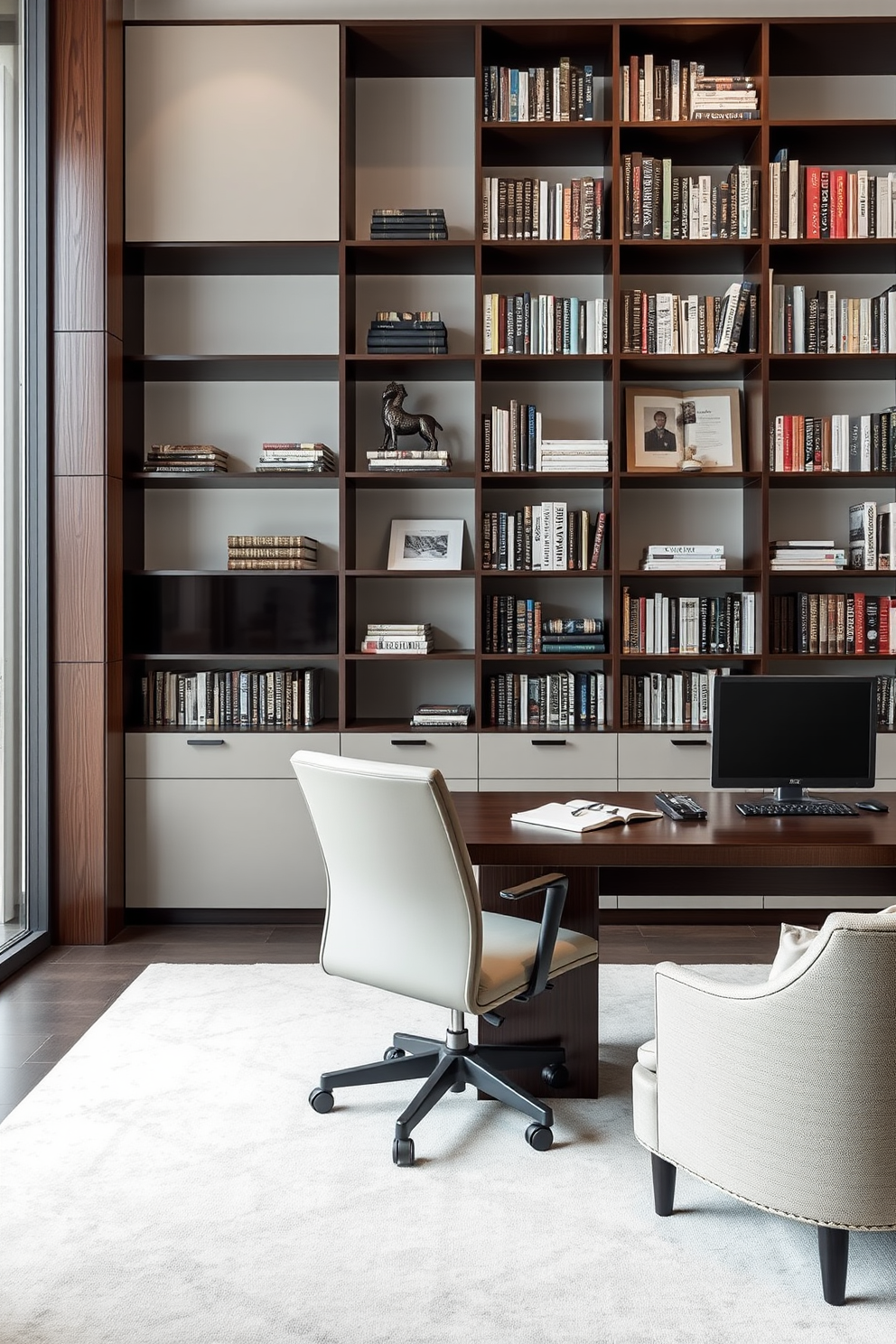 Stylish storage solutions for organization. A sleek, modern shelving unit spans one wall, featuring a combination of open and closed storage spaces to keep supplies neatly tucked away. Large home office design ideas. The workspace is anchored by a large, elegant desk made of dark wood, complemented by a comfortable ergonomic chair and surrounded by strategically placed bookshelves filled with inspiring literature.