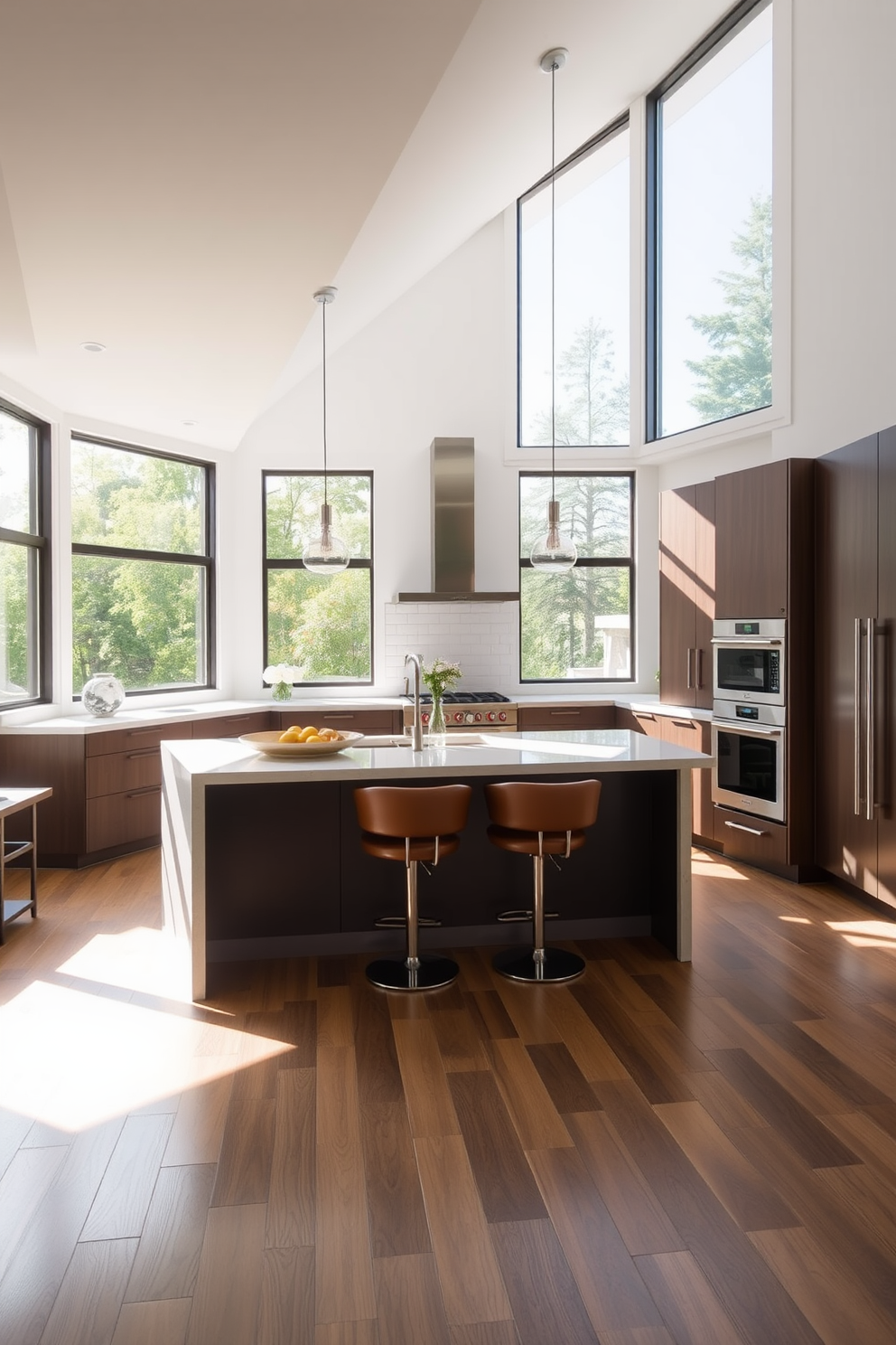 A spacious kitchen featuring high ceilings adorned with decorative wooden beams that add warmth and character to the space. The kitchen is designed with a large central island, complemented by elegant pendant lights hanging above, creating a focal point for both cooking and entertaining.