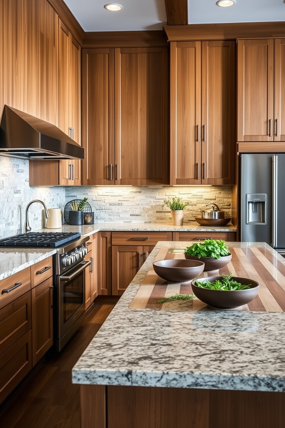 A spacious kitchen featuring a blend of textures with sleek stainless steel appliances and warm wooden cabinetry. The countertops are a combination of polished granite and rustic butcher block, creating a dynamic visual appeal. The backsplash showcases a mix of glossy subway tiles and textured stone, adding depth to the design. An oversized island with bar seating invites gatherings, topped with decorative bowls and fresh herbs for a lively touch.