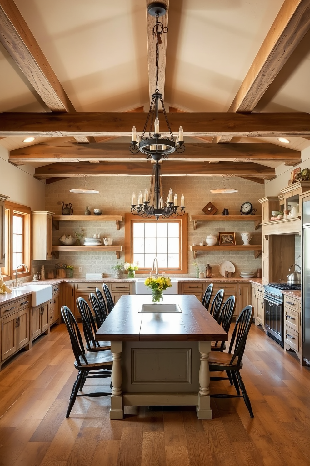 A spacious kitchen featuring integrated seating for casual dining. The seating area includes a large wooden table surrounded by comfortable upholstered chairs, with pendant lighting hanging above. The kitchen boasts an open layout with a central island that includes a breakfast bar. Sleek cabinetry in a soft gray tone complements the stainless steel appliances and a stylish backsplash.