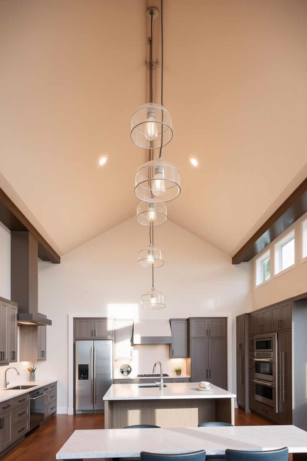 A large kitchen featuring creative open shelving that showcases an array of stylish dishes and decorative items. The shelves are made of reclaimed wood and are positioned above a sleek kitchen island with bar seating, creating a warm and inviting atmosphere.