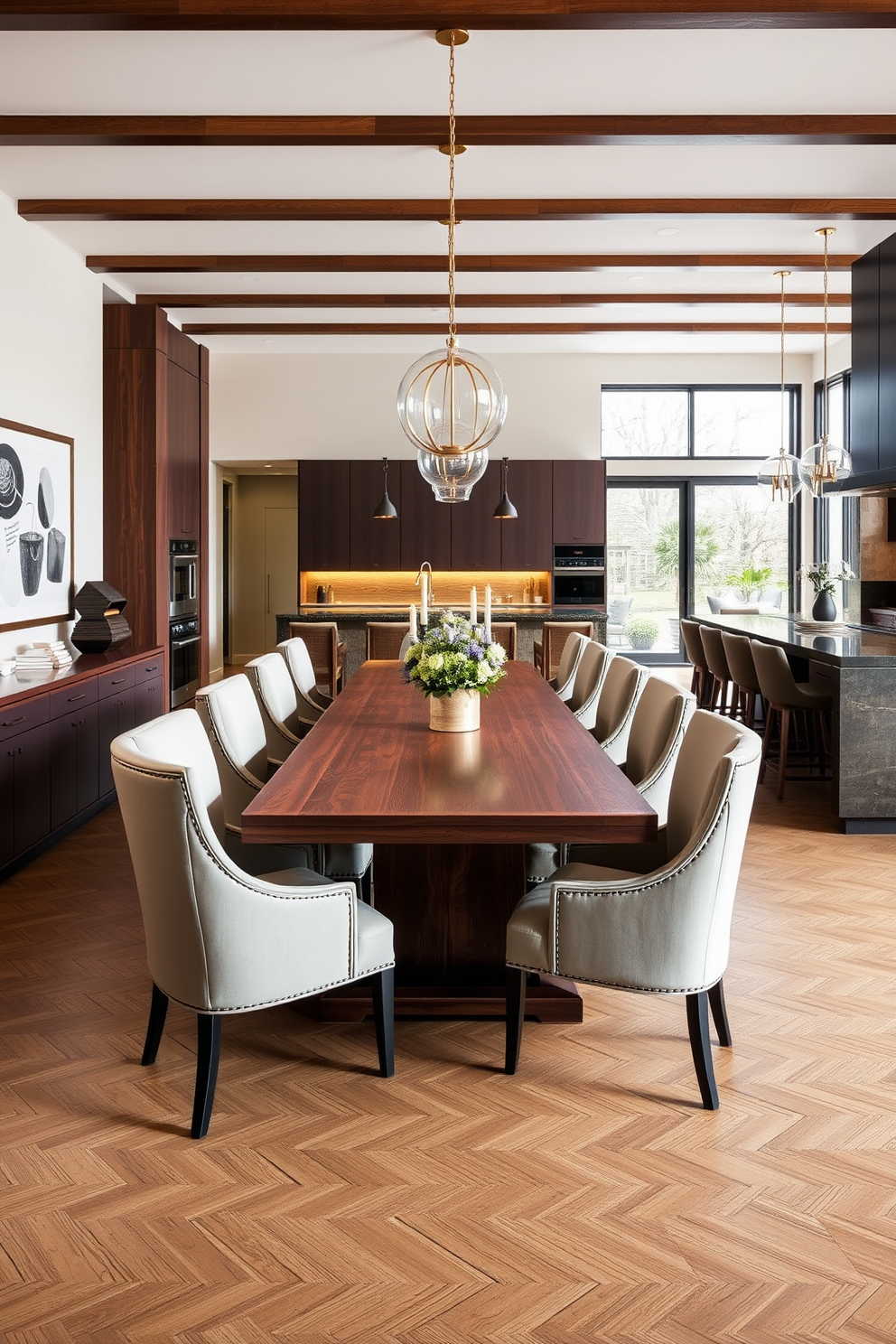 A spacious integrated dining area seamlessly blends with the kitchen, featuring a long wooden table surrounded by elegant upholstered chairs. The kitchen boasts sleek cabinetry, a large island with bar seating, and pendant lights that create a warm ambiance above the dining space.