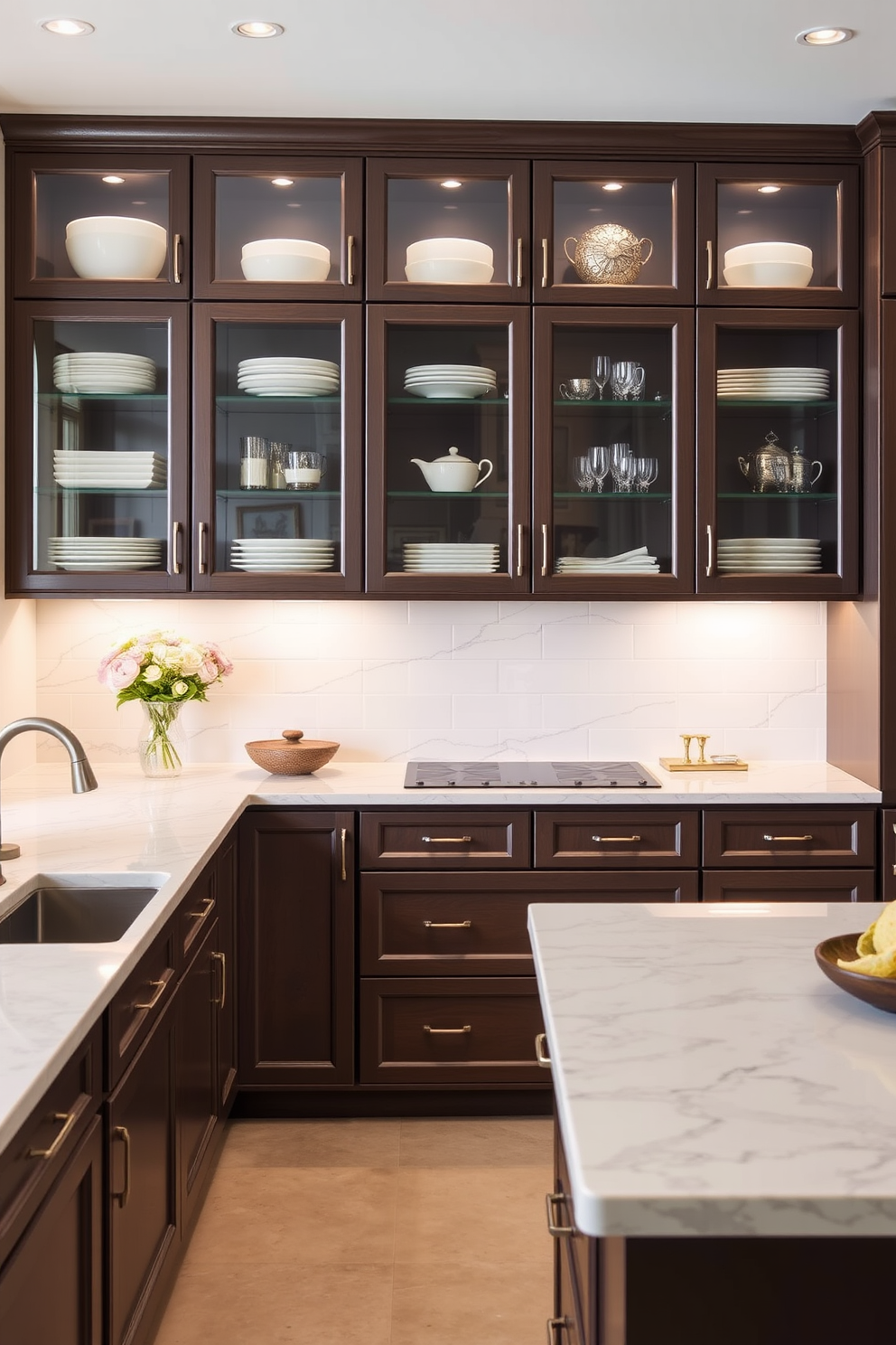 A large kitchen design featuring glass-front cabinets that elegantly showcase dishware and decorative items. The cabinets are paired with a spacious island topped with a sleek quartz countertop, creating a perfect gathering space for family and friends.