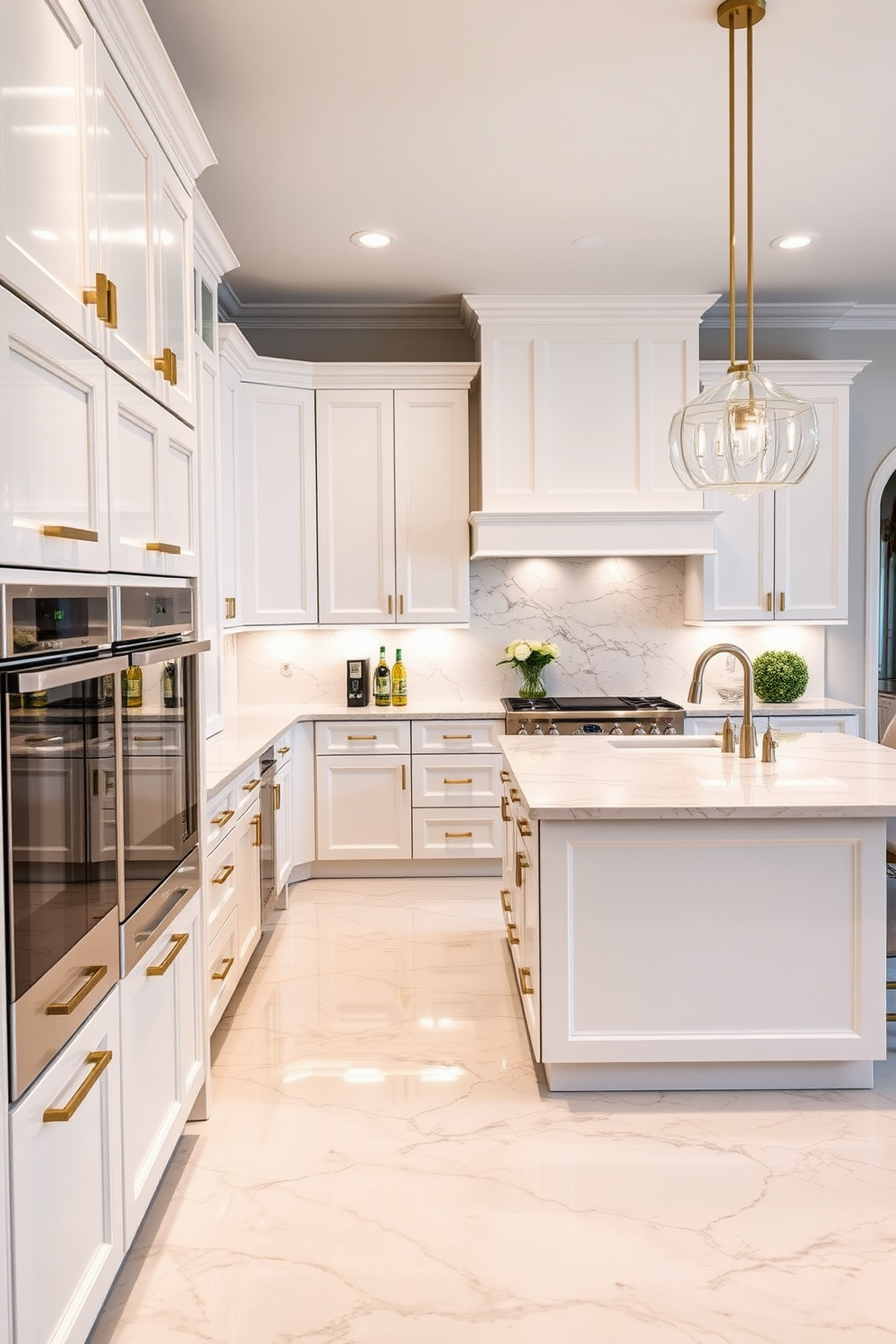 A spacious kitchen with luxury finishes that exude elegance. The cabinetry features high-gloss white with gold hardware, complemented by a large central island topped with a stunning quartz countertop. The backsplash is a chic marble design that adds sophistication to the space. Stainless steel appliances seamlessly blend with the overall aesthetic, creating a modern and inviting atmosphere.