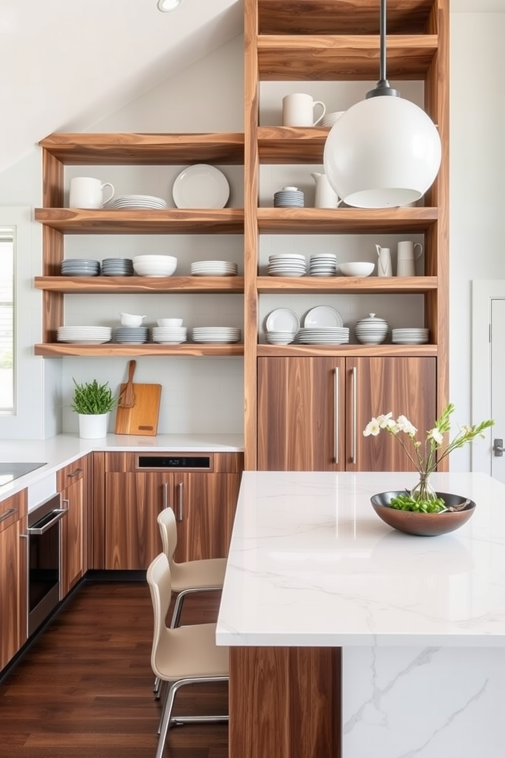 A spacious kitchen with open shelving that allows for easy access to dishes and cookware. The shelves are made of reclaimed wood, adding warmth to the modern design, while the kitchen island features a sleek quartz countertop with bar stools for casual dining.