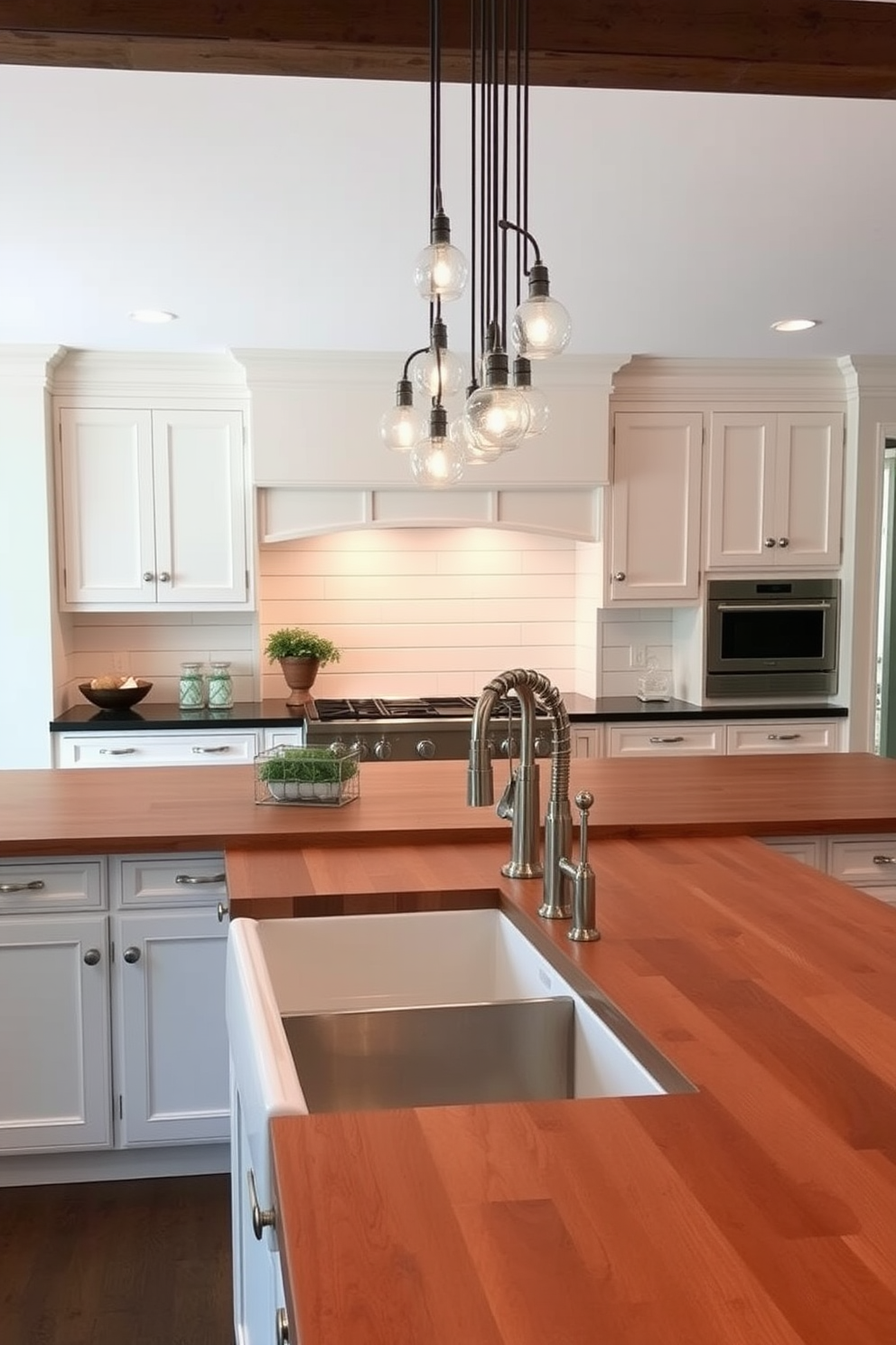 A large kitchen featuring a farmhouse sink as the focal point. The cabinetry is painted in a soft white with brushed nickel hardware, while a large island with a butcher block countertop provides ample workspace. The walls are adorned with shiplap, creating a cozy and inviting atmosphere. A collection of pendant lights hangs above the island, illuminating the space with a warm glow.