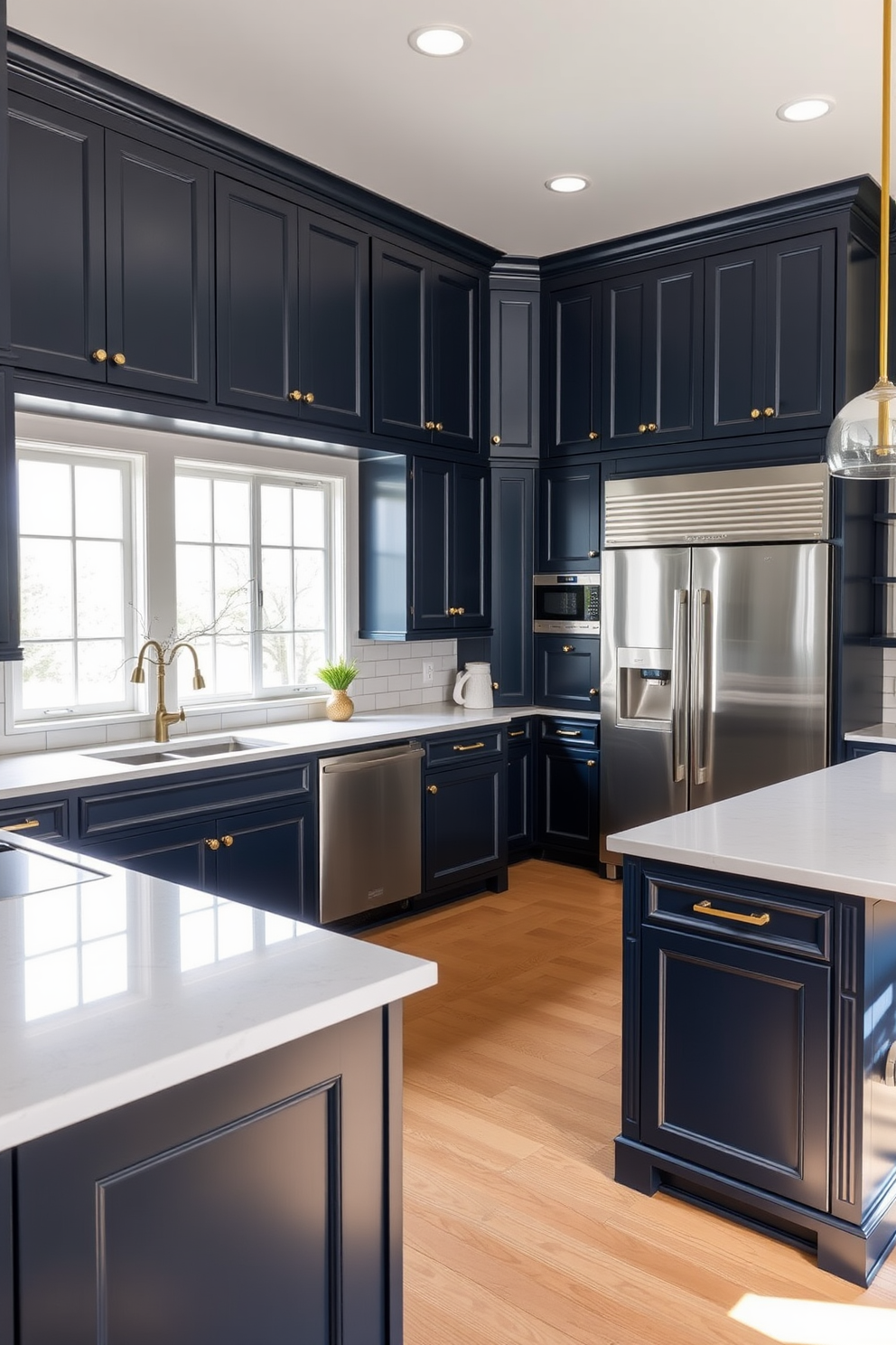 A large kitchen filled with bold color schemes that energize the space. The cabinetry is a striking deep blue, complemented by bright yellow accents in the backsplash and bar stools. The countertops are a crisp white quartz, providing a clean contrast against the vibrant colors. A large island in the center features a waterfall edge, with colorful pendant lights hanging above for added flair.