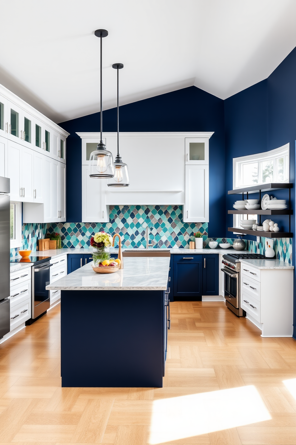 A large kitchen featuring an accent wall with bold navy blue paint that contrasts with the white cabinetry. The kitchen island is topped with a striking quartz countertop, and stylish pendant lights hang above it, adding a modern touch. The backsplash is adorned with vibrant geometric tiles that create a lively focal point. Ample natural light floods the space through large windows, highlighting the elegant stainless steel appliances and open shelving filled with decorative dishware.