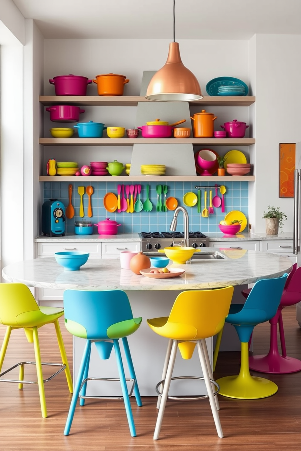 Colorful kitchen accessories add a vibrant touch to the heart of the home. Brightly colored pots, pans, and utensils are arranged neatly on open shelves, creating a cheerful atmosphere. The large kitchen features an expansive island with a contrasting countertop. Surrounding the island are modern bar stools in various bold hues, inviting gatherings and culinary creativity.