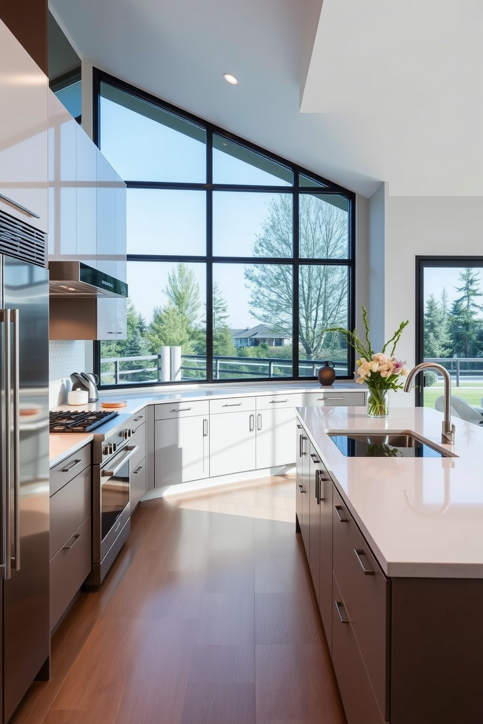 A spacious kitchen featuring a large central island with a butcher block countertop and bar seating around it. The cabinetry is a mix of deep navy blue and crisp white, complemented by brass hardware and a stylish backsplash of subway tiles. Natural light floods the room through oversized windows, highlighting the open layout that connects to the dining area. A collection of personalized decor items, such as custom artwork and unique dishware, adds character and warmth to the space.