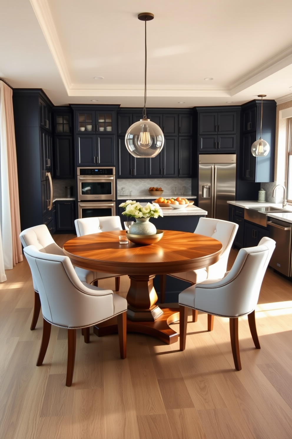 A cozy breakfast nook features a round wooden table surrounded by plush upholstered chairs in soft pastel colors. Sunlight streams in through a nearby window adorned with sheer curtains, creating a warm and inviting atmosphere. The large kitchen design showcases an expansive island with a waterfall countertop, complemented by sleek stainless steel appliances. Rich cabinetry in a deep navy blue adds a touch of elegance, while pendant lights hang gracefully above the island, illuminating the space.