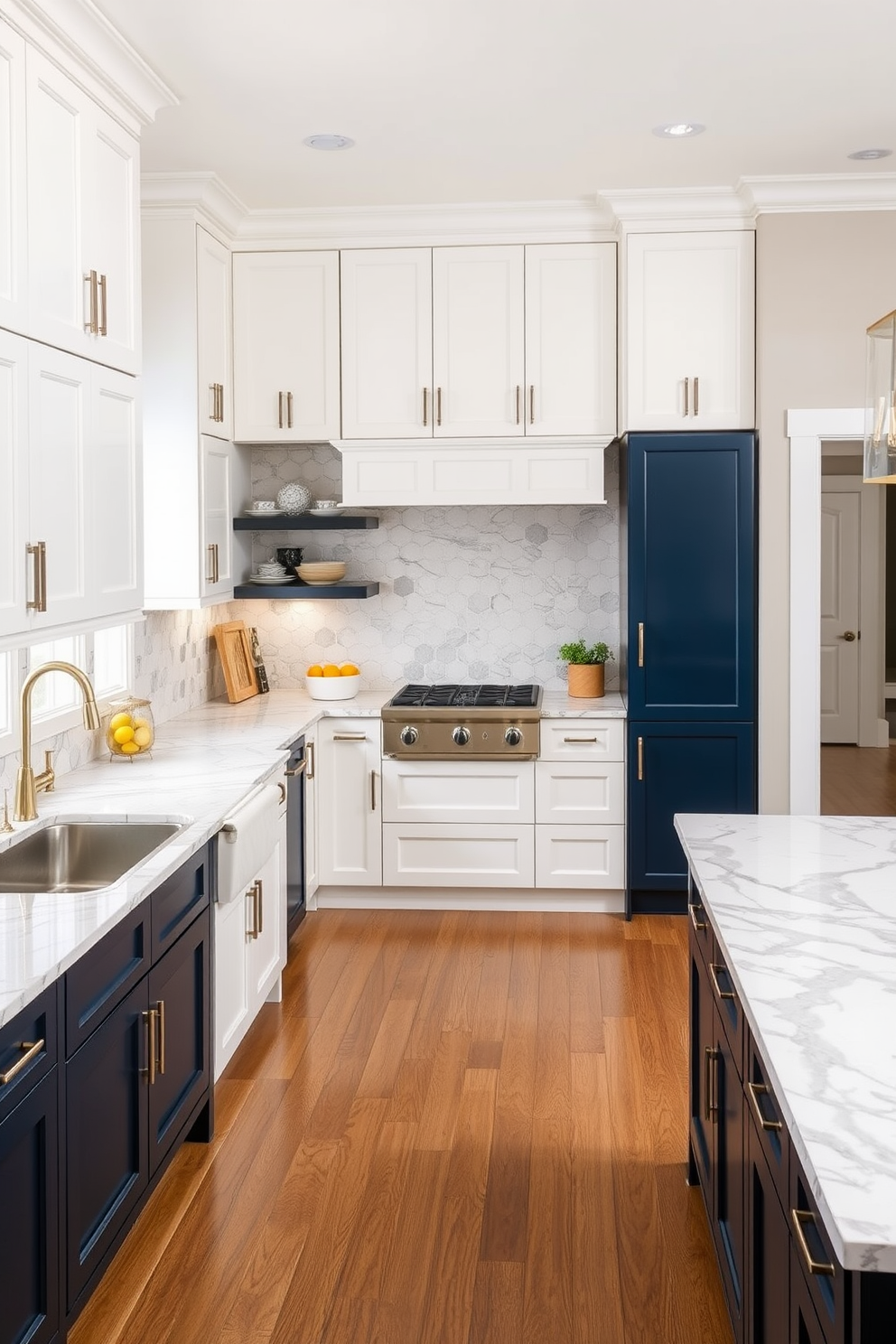 A spacious kitchen featuring contrasting countertops and cabinetry. The upper cabinets are a crisp white, while the lower cabinets showcase a rich navy blue finish. The countertop is a stunning quartz with bold veining that complements the cabinetry. A large central island provides additional workspace and is topped with the same quartz material, adding a cohesive touch to the design.