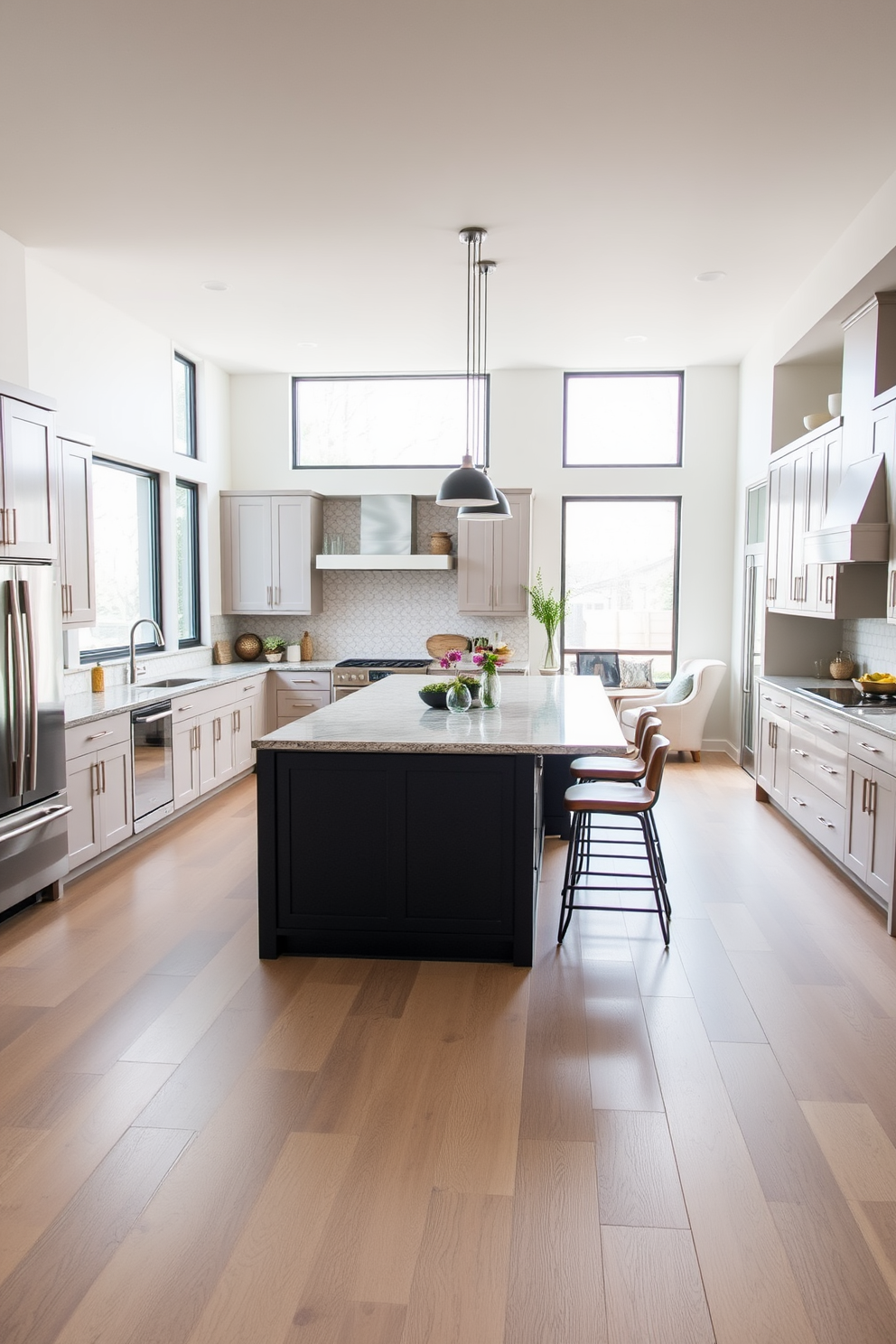 A large kitchen featuring an open layout that maximizes space and functionality. The centerpiece is an expansive island with bar seating, surrounded by modern cabinetry and high-end appliances. Natural light floods in through oversized windows, highlighting the sleek countertops and stylish backsplash. A cozy breakfast nook is positioned by the window, adorned with comfortable seating and a rustic table.