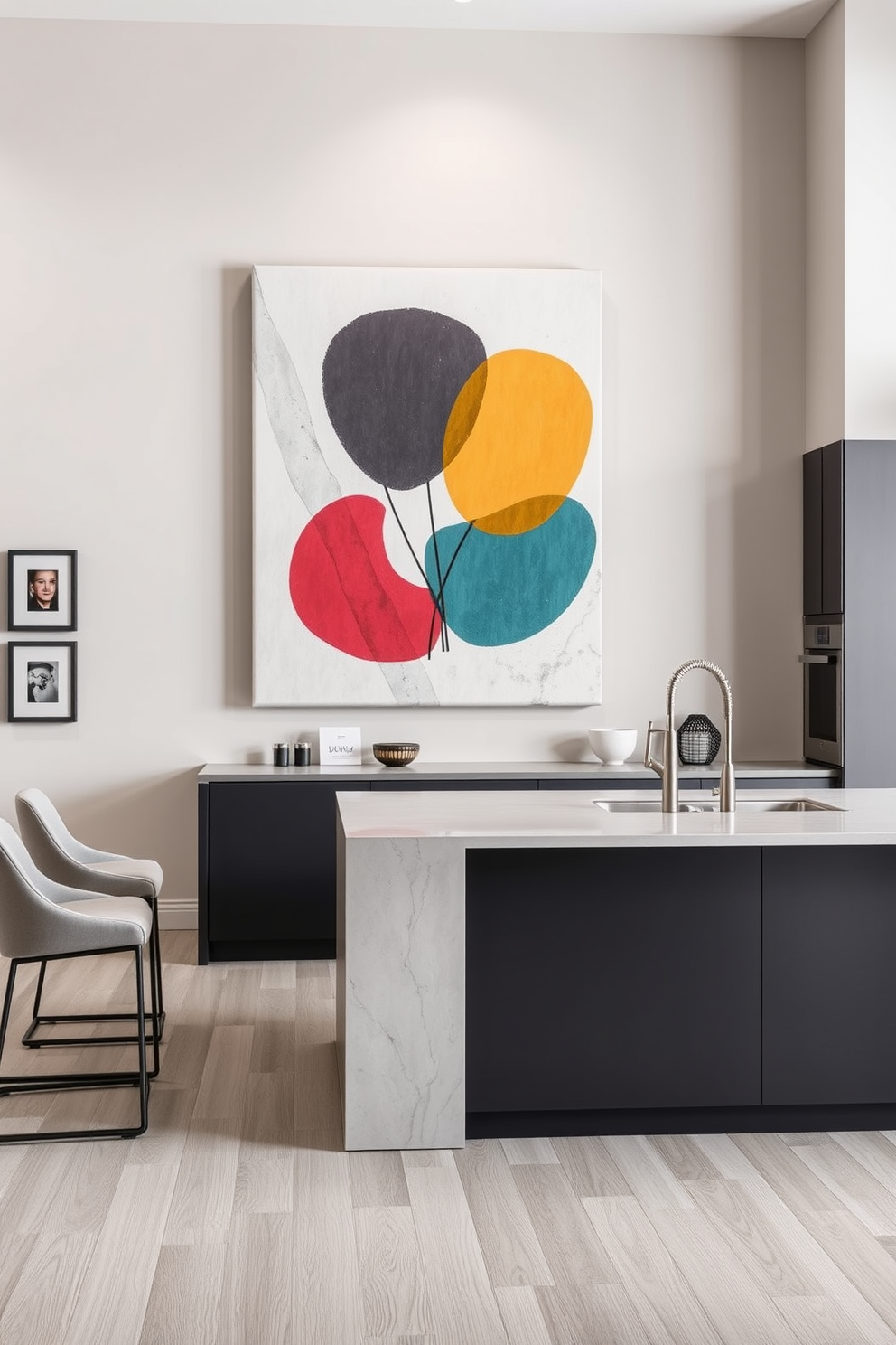 A spacious kitchen featuring sustainable materials such as bamboo cabinetry and recycled glass countertops. The open layout includes an island with seating, energy-efficient appliances, and large windows that flood the space with natural light.