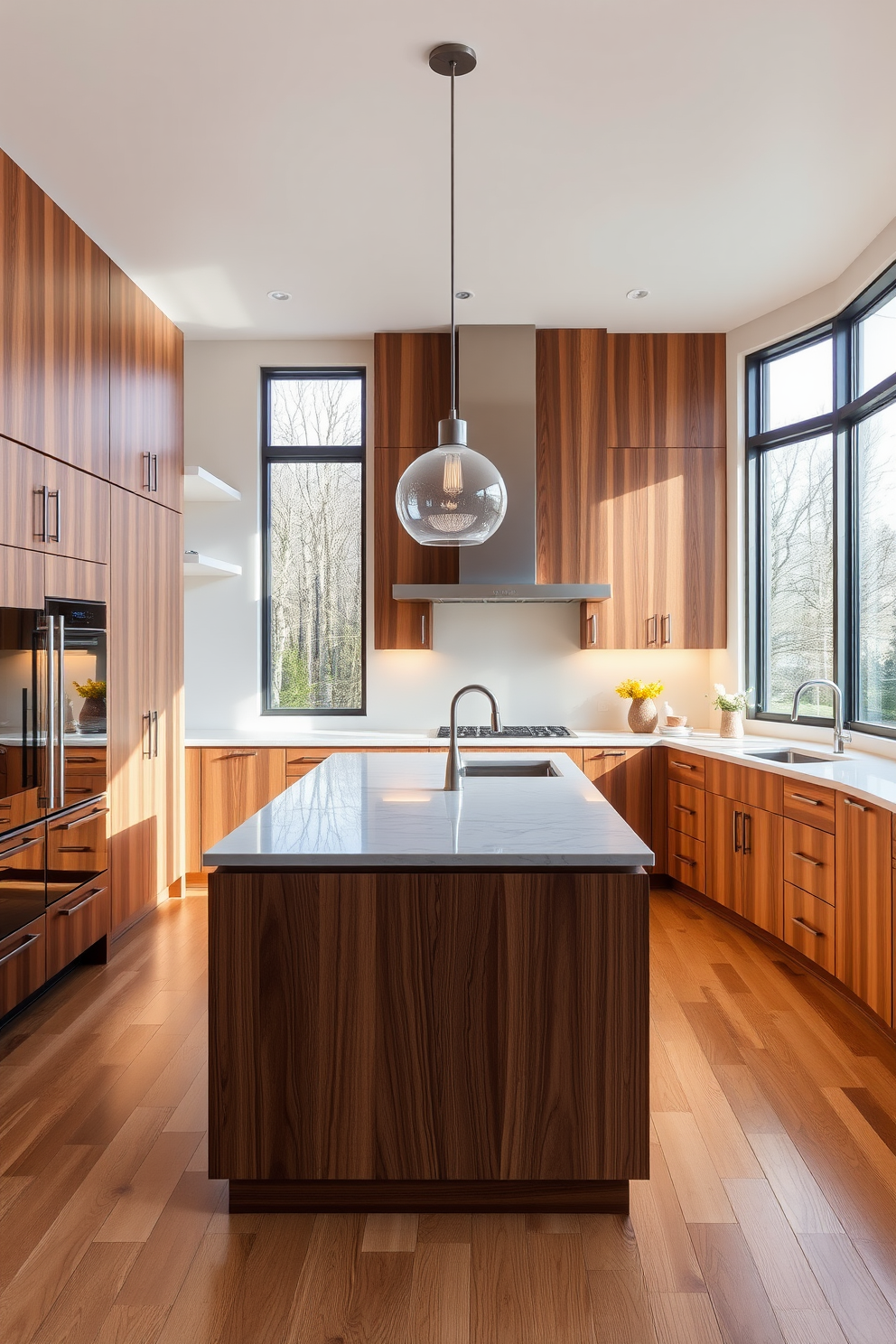 A spacious kitchen featuring hidden appliances seamlessly integrated into custom cabinetry. The design emphasizes clean lines and a minimalist aesthetic with a large island at the center, topped with a striking quartz countertop. Natural light floods the room through large windows, highlighting the warm wood tones and neutral color palette. A stylish pendant light hangs above the island, adding a focal point without overwhelming the space.