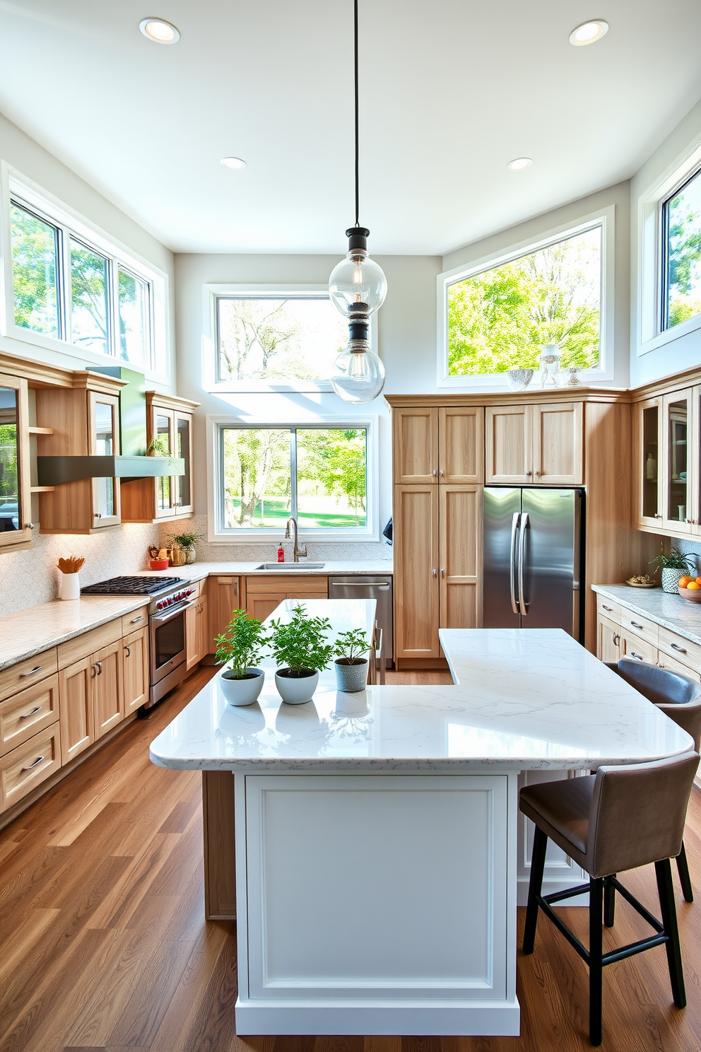 A spacious U-shaped kitchen design featuring a large central island with bar seating. The cabinetry is a mix of light wood and white, complemented by a stylish backsplash and modern stainless steel appliances. Natural light floods the space through large windows, highlighting the open layout and inviting atmosphere. Decorative elements include potted herbs on the countertop and elegant pendant lighting above the island.