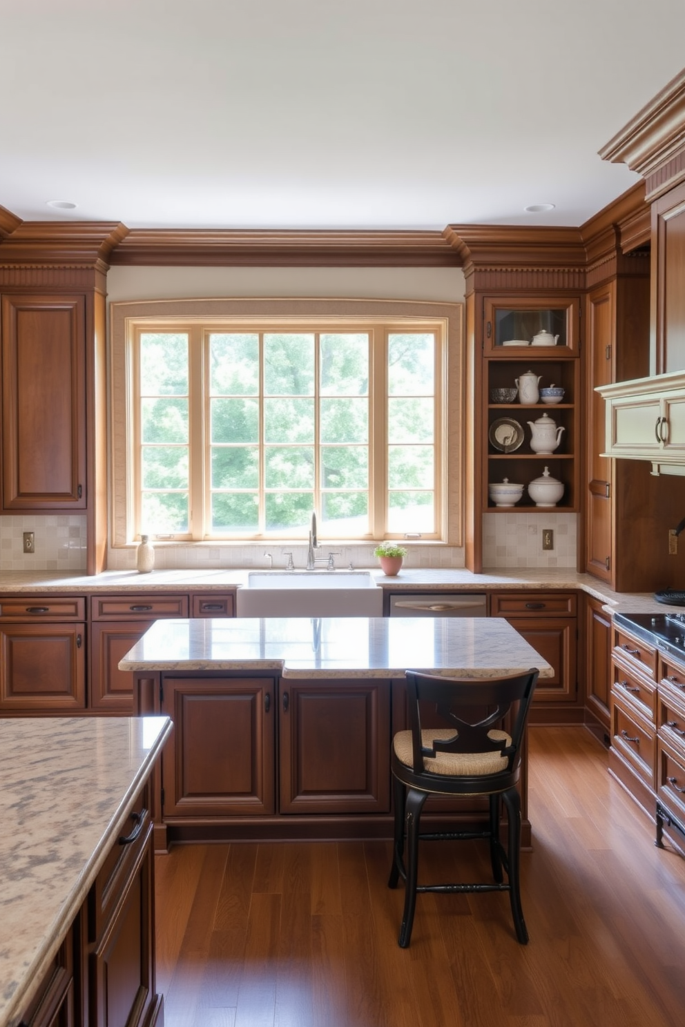 A timeless kitchen design features classic elements such as a large central island with a polished granite countertop and elegant bar stools. The cabinetry is crafted from rich wood with intricate molding, complemented by a vintage-style backsplash in soft neutral tones. Natural light floods the space through oversized windows, enhancing the warm ambiance of the room. A farmhouse sink sits beneath the window, surrounded by open shelving displaying curated dishware and decorative accents.