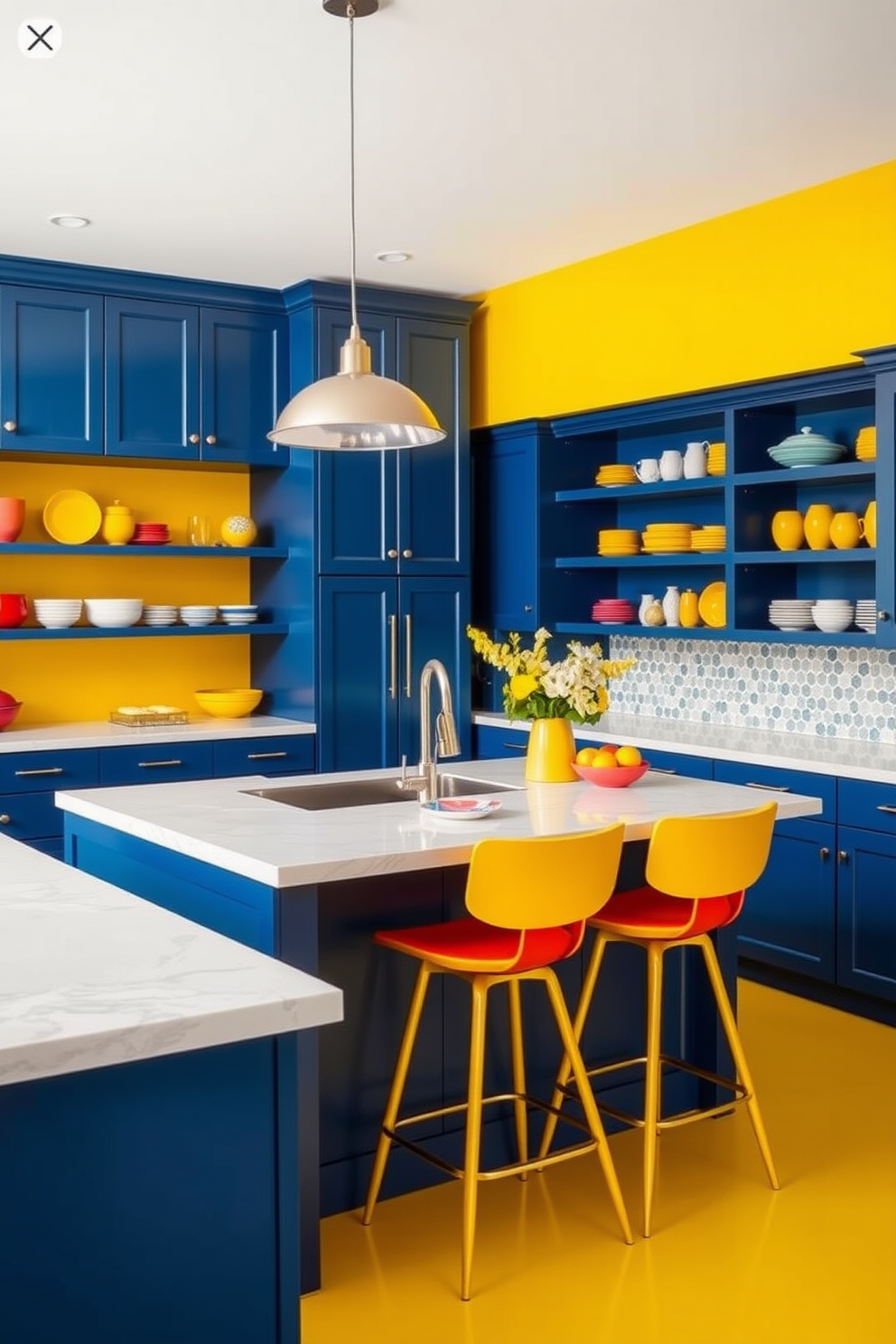 A vibrant kitchen space featuring bold color schemes with deep blue cabinets and bright yellow accents. The countertops are made of polished white quartz, creating a striking contrast with the cabinetry. The kitchen island is a central focal point, adorned with colorful bar stools and a stylish pendant light overhead. Open shelving displays an array of colorful dishware, enhancing the modern aesthetic of the design.