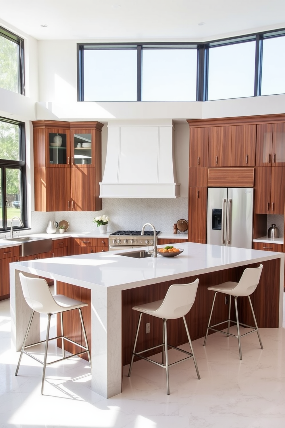 A spacious kitchen featuring a large island with seating for four. The island is topped with a sleek quartz countertop and surrounded by stylish bar stools in a modern design. The cabinetry is a mix of rich wood tones and white finishes, creating a warm yet contemporary feel. Large windows flood the space with natural light, highlighting the elegant backsplash and stainless steel appliances.