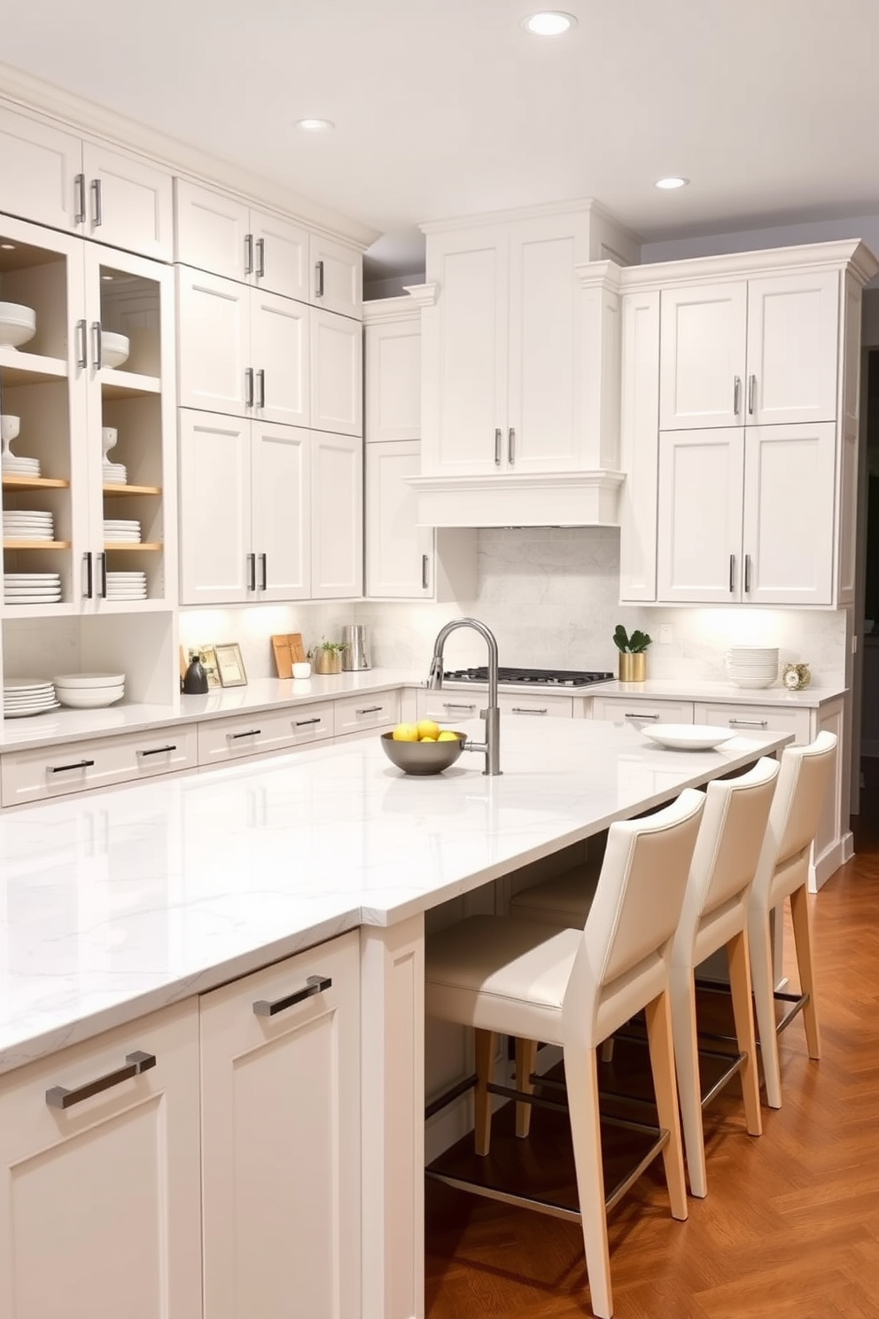 A spacious kitchen featuring ample storage solutions with sleek cabinets. The cabinets are finished in a soft white, complemented by brushed nickel handles and organized pull-out shelves for easy access. An expansive island serves as the centerpiece, topped with a stunning quartz countertop. Surrounding the island are high-backed stools in a modern design, creating a perfect spot for casual dining and gatherings.