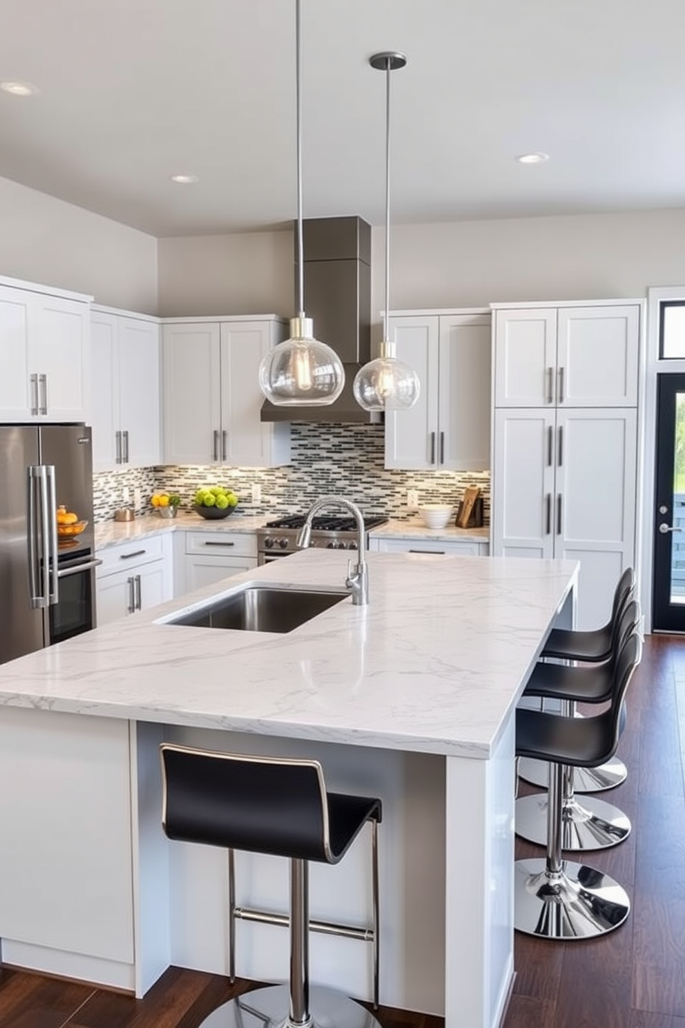 A spacious kitchen featuring a blend of materials to create unique textures. The cabinetry combines sleek white finishes with warm wooden accents, while the island showcases a stunning quartz countertop with subtle veining. Industrial-style lighting fixtures hang above, casting a warm glow over the space. The backsplash is a mix of glossy subway tiles and textured stone, adding depth and character to the overall design.