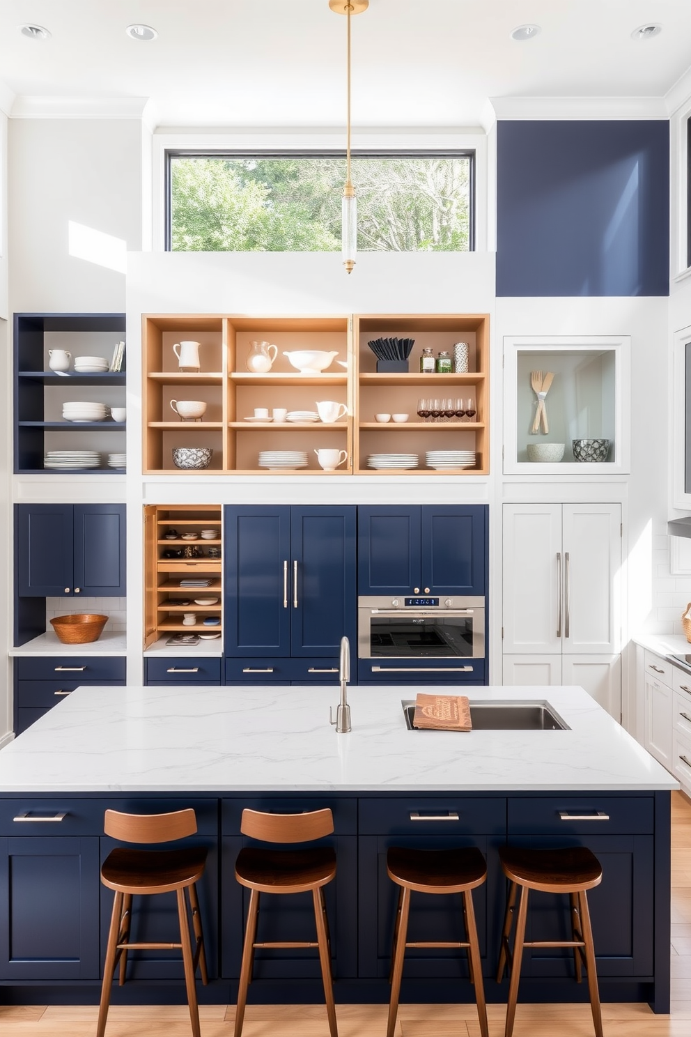 A spacious kitchen featuring warm wood accents throughout, creating a cozy and inviting atmosphere. The cabinetry is a rich walnut finish, complemented by a large central island with a light-colored quartz countertop. Natural light floods the space through oversized windows, highlighting the open layout and seamless flow. A farmhouse sink sits beneath the window, surrounded by stylish pendant lighting that adds a touch of elegance.