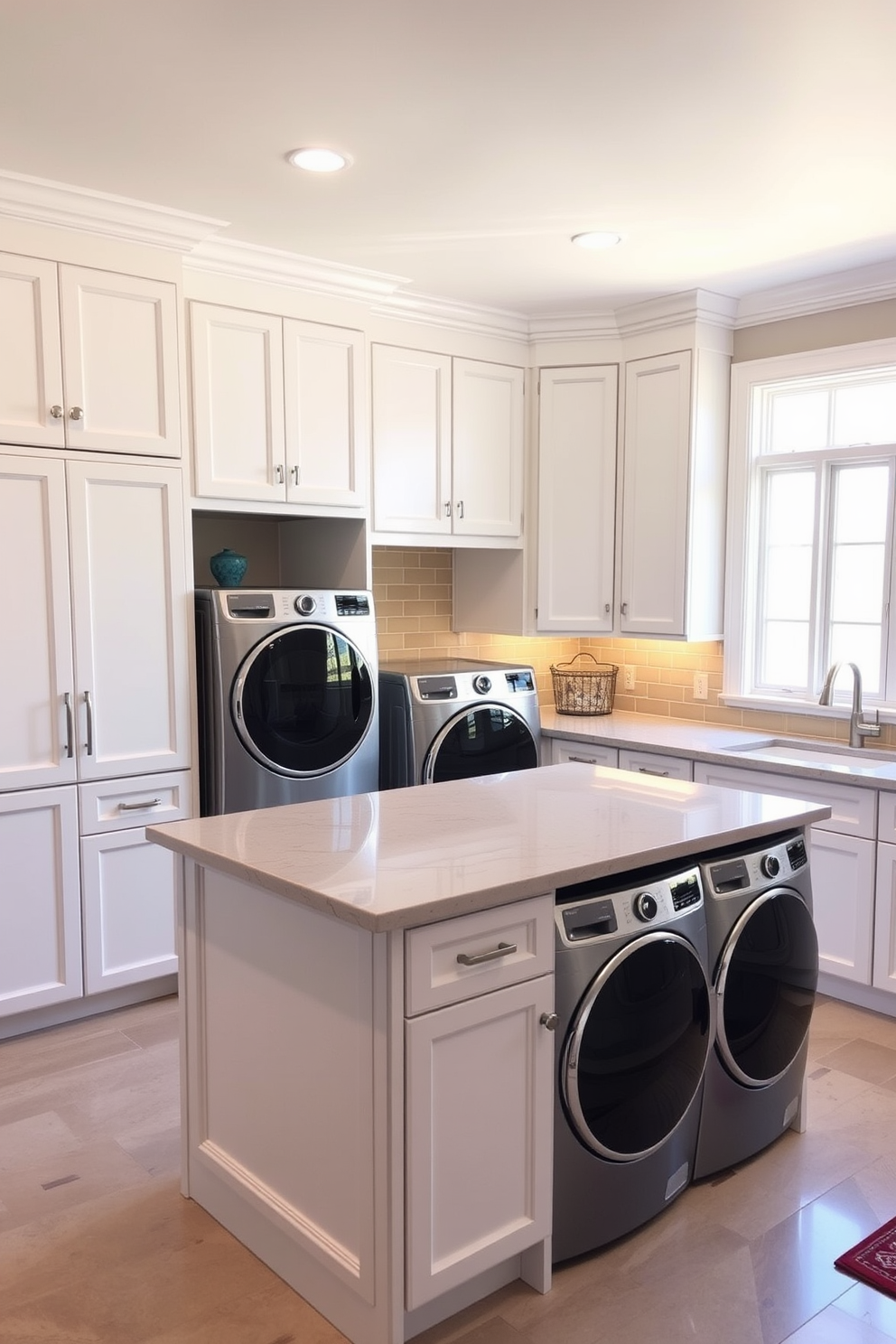 A spacious laundry room features a large central island designed for folding clothes. The island is topped with a durable quartz surface and surrounded by ample storage cabinets in a soft white finish. The room is illuminated by natural light streaming in through large windows, highlighting the organized space. A stylish backsplash adds a pop of color behind the washer and dryer, creating a cheerful atmosphere.