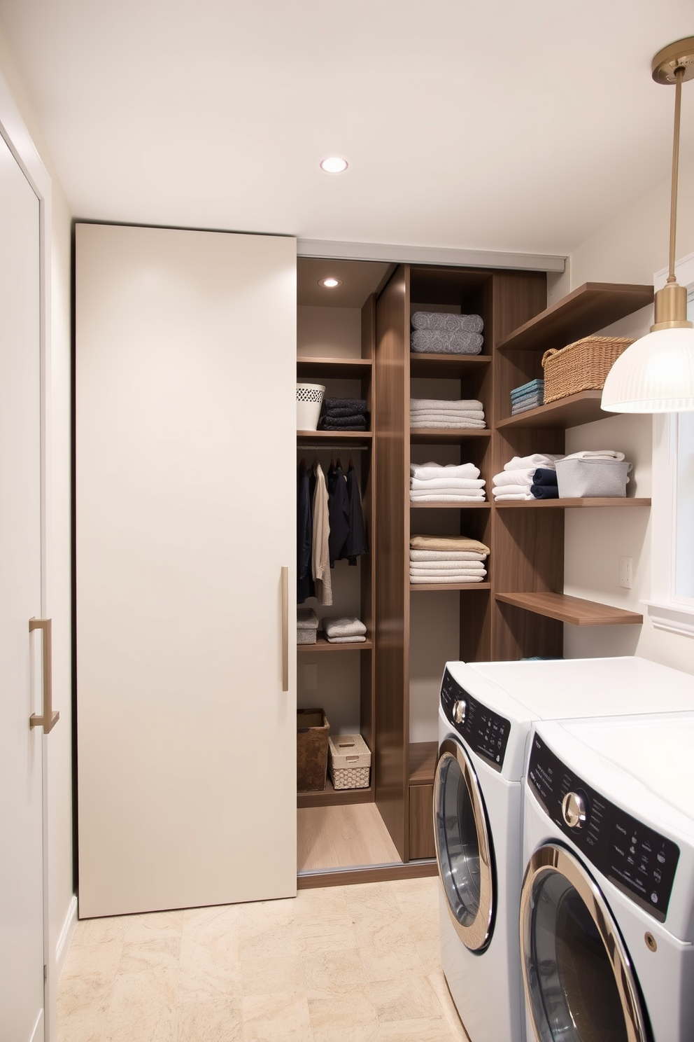 A stylish laundry closet featuring sleek sliding doors that open to reveal organized storage solutions. The space is designed with a modern aesthetic, incorporating a combination of cabinetry and open shelving for easy access to laundry essentials. The large laundry room showcases a functional layout with ample counter space for folding clothes. Bright overhead lighting illuminates the room, while a cheerful color palette creates an inviting atmosphere.