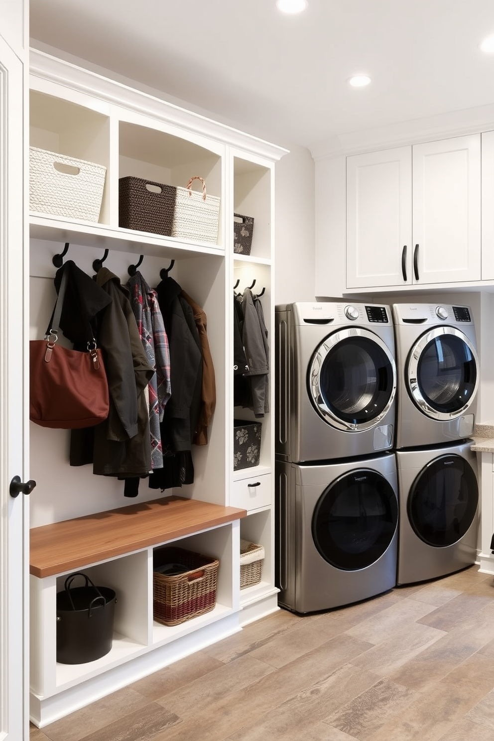 A functional mudroom integration features built-in storage solutions with ample shelving and hooks for coats and bags. The space is designed with durable flooring and a bench for convenience, creating an organized entryway. Large laundry room design ideas include a spacious layout with side-by-side washer and dryer units and a countertop for folding clothes. Incorporating cabinets and baskets for storage helps maintain a tidy and efficient laundry space.