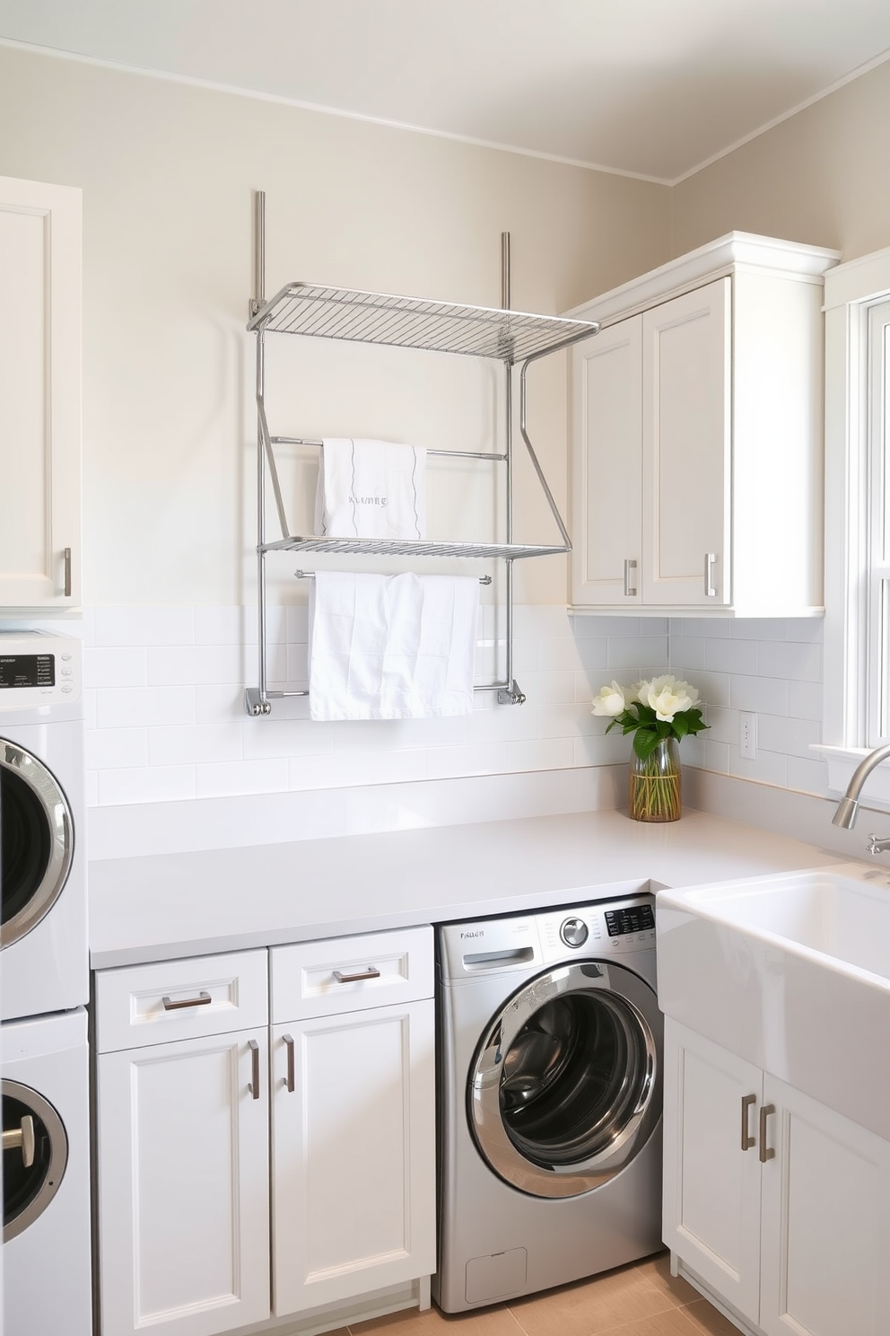 A spacious laundry room with ample natural light streaming through large windows. The room features a central island with a countertop for folding clothes surrounded by cabinets and open shelving filled with neatly organized baskets and plants for a fresh feel. On one side, there are stacked washer and dryer units with a stylish backsplash that complements the cabinetry. Potted plants are placed on the windowsill and shelves, adding a touch of greenery to the functional space.